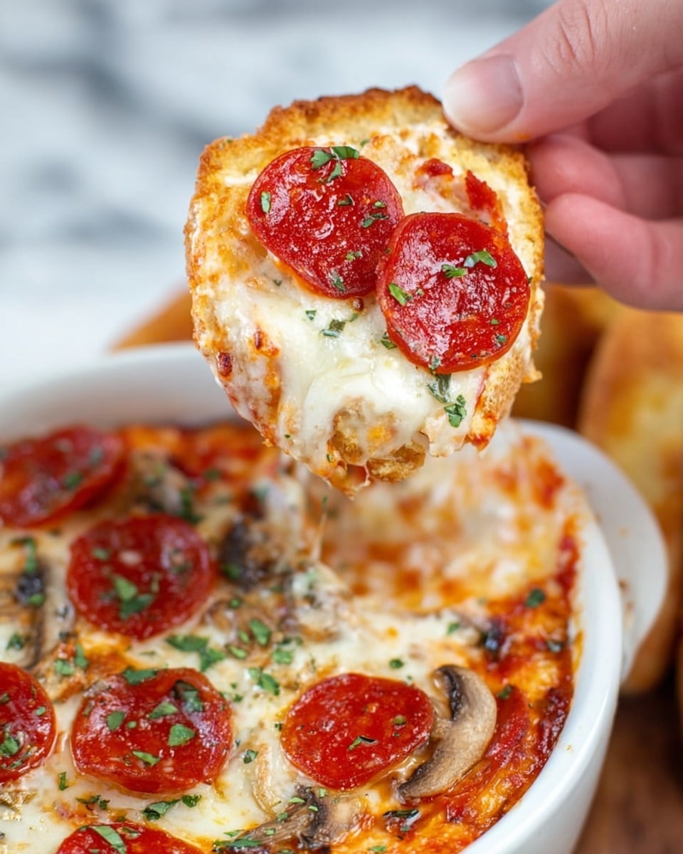 A woman's hand holds a small toasted round bread piece topped with layers of melted white and orange cheese, red pepperoni slices, and a bit of red pizza sauce with green herb bits. Below, a white bowl contains a pizza dip with a thick layer of bubbly melted cheese mixed with pepperoni slices and mushrooms, lightly sprinkled with green herbs. The background shows a white marbled texture. photo taken with an iphone --ar 4:5 --v 7