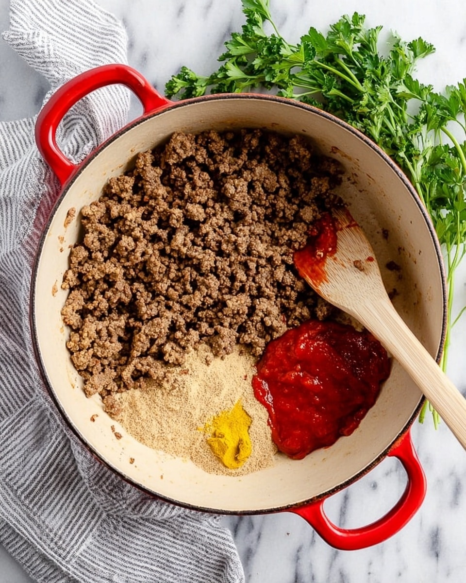 A white cast iron pot with red handles sits on a white marbled surface next to a bunch of green parsley and a gray and white striped cloth. Inside the pot, there are four distinct parts: a layer of cooked chopped brown ground meat covering almost half of the pot, a small dollop of yellow mustard near the bottom center, a larger dollop of red barbecue sauce to the right of the mustard, and a light brown powder spread next to the meat on the lower left side. A wooden spatula with a red silicone tip rests on the edge of the pot, partially over the ground meat. photo taken with an iphone --ar 4:5 --v 7