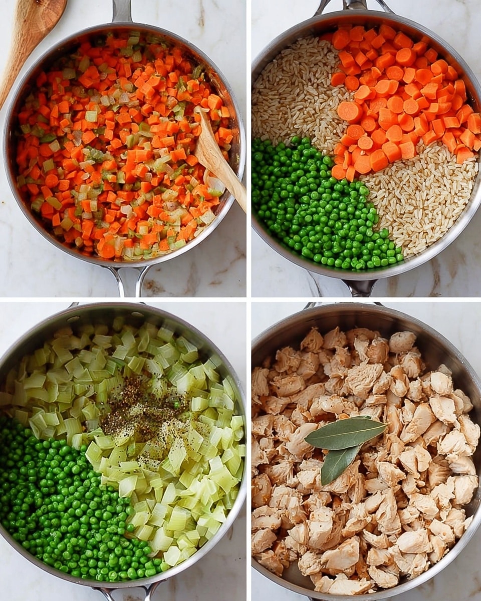The first image shows a shiny metal pan filled with finely chopped cooked carrots and celery pieces mixed together, placed on a white marbled surface with a wooden spoon nearby. The second image shows another shiny metal pan divided into four clear sections: in the top left corner there is brown rice, the bottom left corner holds frozen bright green peas, the bottom right corner has cooked carrots and celery, and the top right corner contains diced cooked chicken sprinkled with black pepper and a whole bay leaf on top, all on the same white marbled surface. Photo taken with an iphone --ar 4:5 --v 7