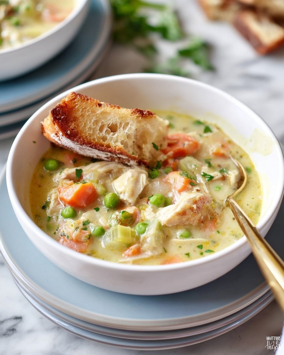A white bowl filled with creamy chicken and vegetable soup sits on a white marbled surface. Inside the soup are layers of orange carrot slices, green peas, and pale celery pieces mixed with white chunks of chicken in a light yellow creamy broth. A crisp golden-brown piece of bread leans on the edge of the bowl, slightly dipped into the soup. A gold spoon is placed inside the bowl on the right side. The bowl is resting on a set of white plates with a soft blue rim, and blurred green leaves are seen in the background. Photo taken with an iphone --ar 4:5 --v 7