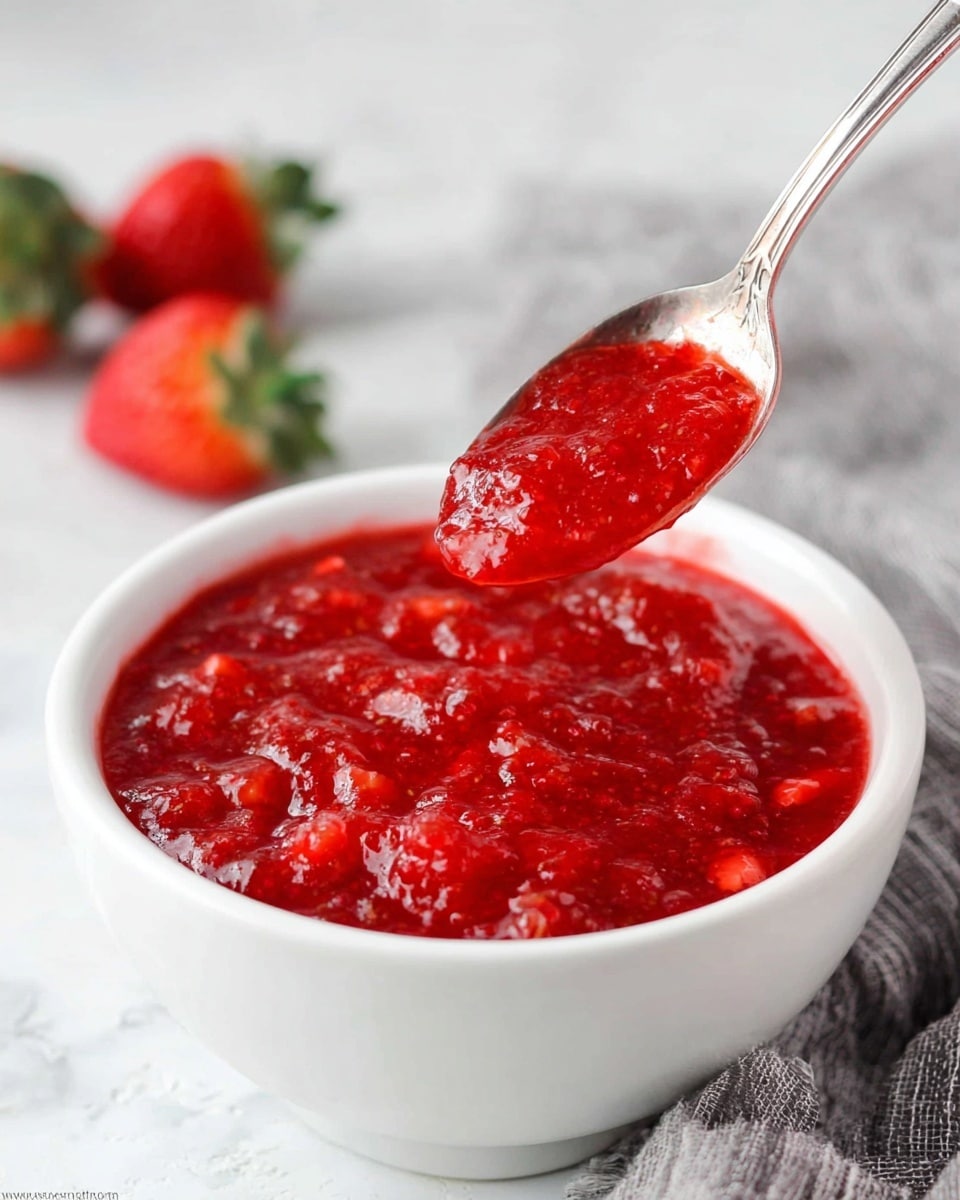 A white bowl filled with bright red chunky strawberry sauce with a thick texture, showing small bits of strawberries throughout. A shiny silver spoon scoops some sauce above the bowl, showing the thick, juicy, and slightly glossy texture of the sauce. The bowl is placed on a white marbled surface with a few whole red strawberries with green leaves around it, and a gray and white cloth is partially visible in the background. The overall scene is bright and fresh. photo taken with an iphone --ar 4:5 --v 7