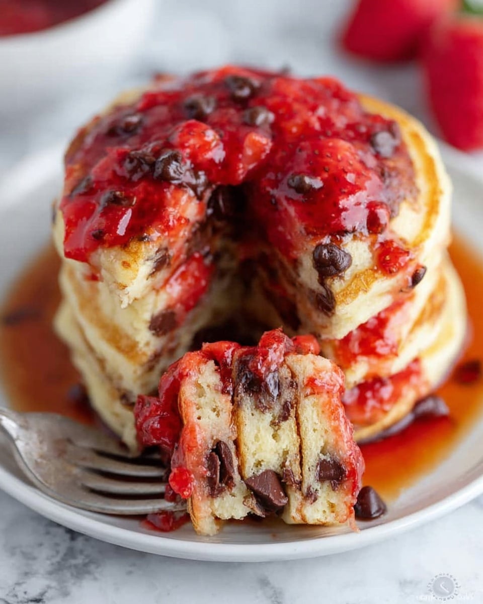 A stack of five thick, golden-brown pancakes dotted with melted chocolate chips is placed on a white plate. The pancakes have a soft, fluffy texture with a slightly crispy edge. On top and dripping down the sides is a bright red strawberry sauce made from chopped strawberries, which glistens and adds a shiny, juicy layer. A fork lifts a portion of the pancakes, showing the fluffy inside mixed with melted chocolate chips. The background is a white marbled surface, with a blurred red fruit in the distance. Photo taken with an iphone --ar 4:5 --v 7