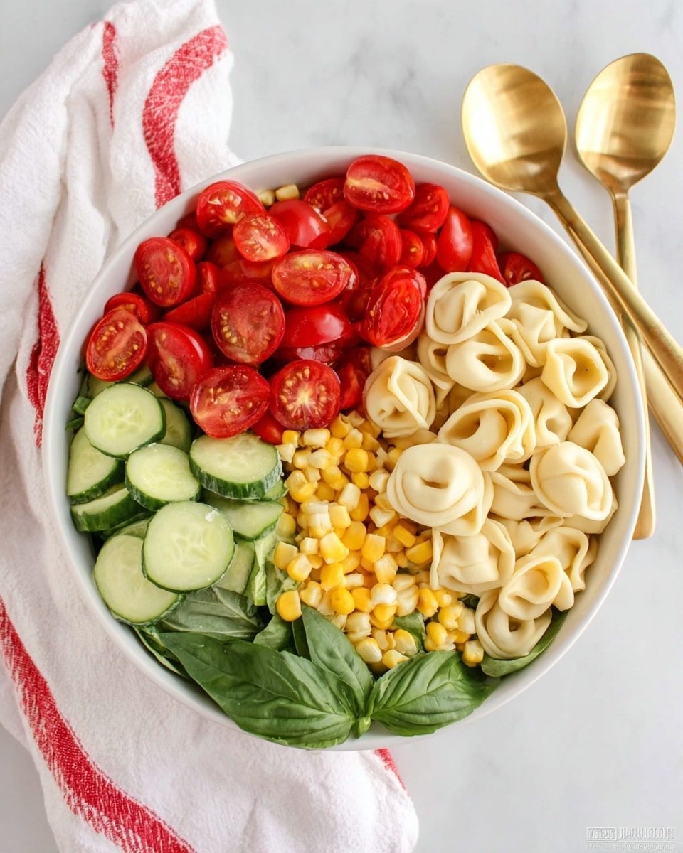 A white bowl filled with five distinct sections of food is shown. The top right section holds light beige tortellini pasta with a smooth texture and hollow centers. Below the pasta is a yellow and white mix of corn kernels and cob pieces. The bottom section has dark green fresh basil leaves with a soft texture. To the left are bright red grape tomatoes, some whole and some sliced in half, showing juicy interiors. The top left section contains green cucumber slices with pale inside and darker green edges. The bowl rests on a white marbled surface next to a white cloth with red stripes and two shiny gold spoons. Photo taken with an iphone --ar 4:5 --v 7