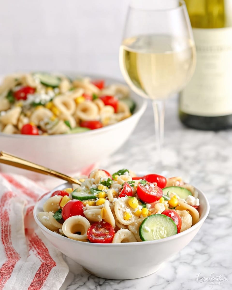A white bowl stacked on another white bowl filled with pasta shaped like small rings, light beige in color, mixed with bright yellow corn kernels, halved red cherry tomatoes, thin green cucumber slices, and sprinkled with small white cheese crumbles and green herb pieces. Behind it, a larger white bowl holds the same pasta salad with a gold fork partially inside. To the right, there is a clear wine glass with pale yellow wine and a greenish bottle with a white label. The whole scene is on a white marbled surface with a soft white and red striped cloth in the background. Photo taken with an iphone --ar 4:5 --v 7