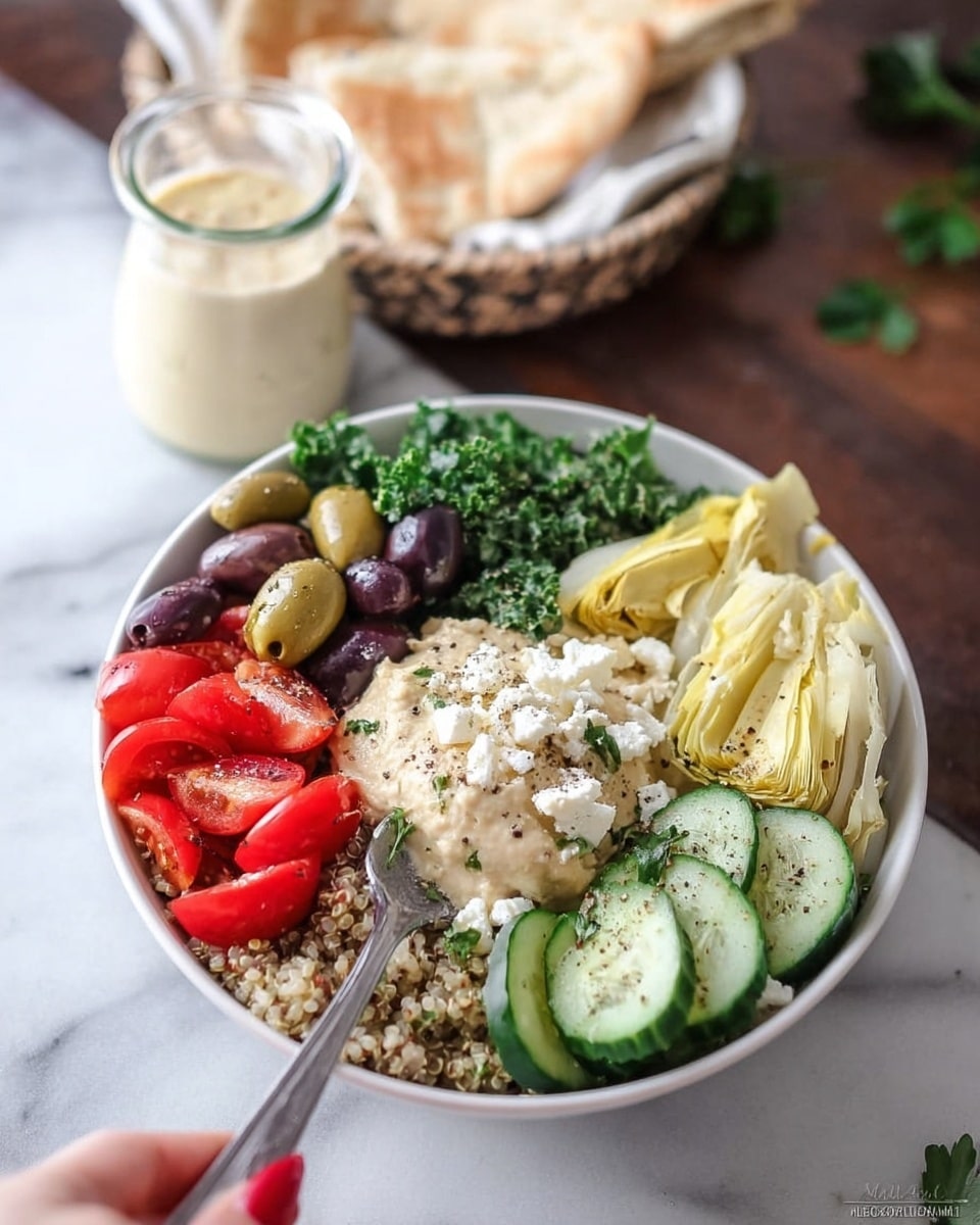 A white bowl with several layers of colorful food arranged neatly, starting with a base of light brown quinoa. On the left side are bright red cherry tomato halves, next to them are green and purple olives. In the center is a creamy, light beige scoop of hummus topped with small crumbles of white cheese. Above the hummus is a bright green layer of chopped kale, and to the right, pale yellow artichoke hearts are placed. At the bottom right are fresh green cucumber slices with some black pepper sprinkled on top. Behind the bowl, there is white pita bread folded and placed on a basket, all set on a white marbled surface. In the background is a small glass jug with a light creamy liquid and some green herbs slightly blurred. A spoon is resting inside the bowl, and a woman's hand is holding it. Photo taken with an iphone --ar 4:5 --v 7