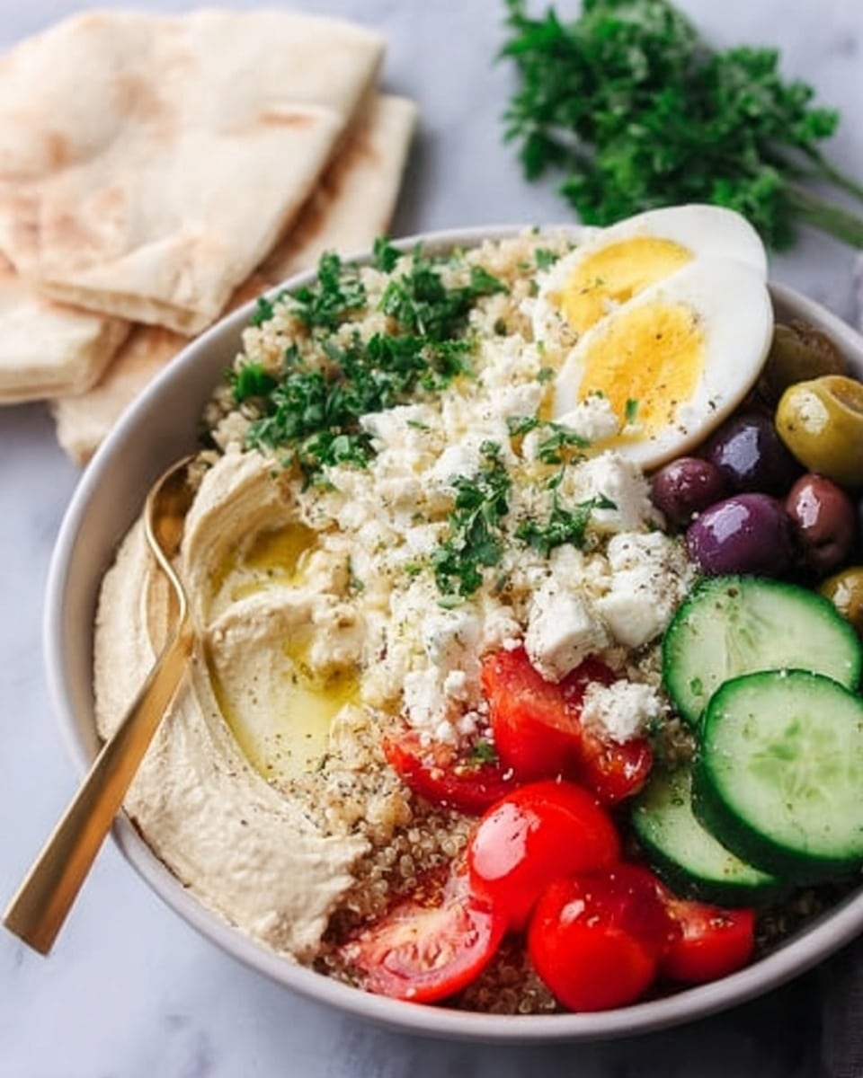 The dish is a bowl filled with layers of colorful ingredients. Starting from the bottom, there is a layer of brown quinoa. On top, there are sliced green cucumbers on the right side, red cherry tomato halves on the left, and a mix of green and purple olives above the tomatoes. In the middle, there is a scoop of creamy white hummus with a crumbly white cheese sprinkled over it. To the back, there are chopped fresh green parsley and half a boiled egg with its yellow yolk showing. Two folded pieces of white flatbread sit behind the bowl. The bowl is white and placed on a white marbled surface. A woman's hand is holding a gold spoon resting inside the bowl. Photo taken with an iphone --ar 4:5 --v 7