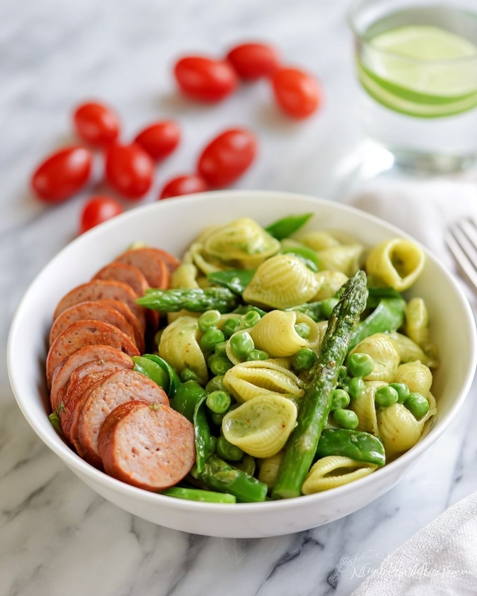 A white bowl filled with three main layers: at the bottom and middle, green shell pasta mixed with green peas and asparagus stalks, giving a fresh, vibrant green look with a soft texture on the pasta shells; on the left side, there are sliced pieces of cooked sausage with a light brown outside and a slightly reddish inside, arranged neatly against the pasta; the bowl sits on a white marbled surface with scattered whole cherry tomatoes and a glass of water with a lime slice blurred in the background, adding a fresh and clean feel. photo taken with an iphone --ar 4:5 --v 7