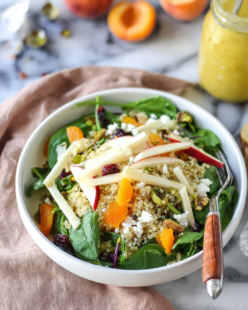 The image shows a white bowl filled with a colorful salad placed on a white marbled surface. The salad has a base layer of light beige quinoa grains, topped with fresh dark green spinach leaves. On top of the spinach, there are thin cream-colored cheese sticks and thin slices of red and yellow apple strips. There are small pieces of bright orange dried apricots scattered around. White crumbled cheese is sprinkled on various parts of the salad, adding contrast. Greenish-brown pistachio nuts are visible among the other ingredients. A silver fork with a wooden handle rests inside the bowl, on the right side. In the blurred background, there is a glass jar with a light yellow dressing and a few apricots. The scene is casual and fresh-looking. photo taken with an iphone --ar 4:5 --v 7