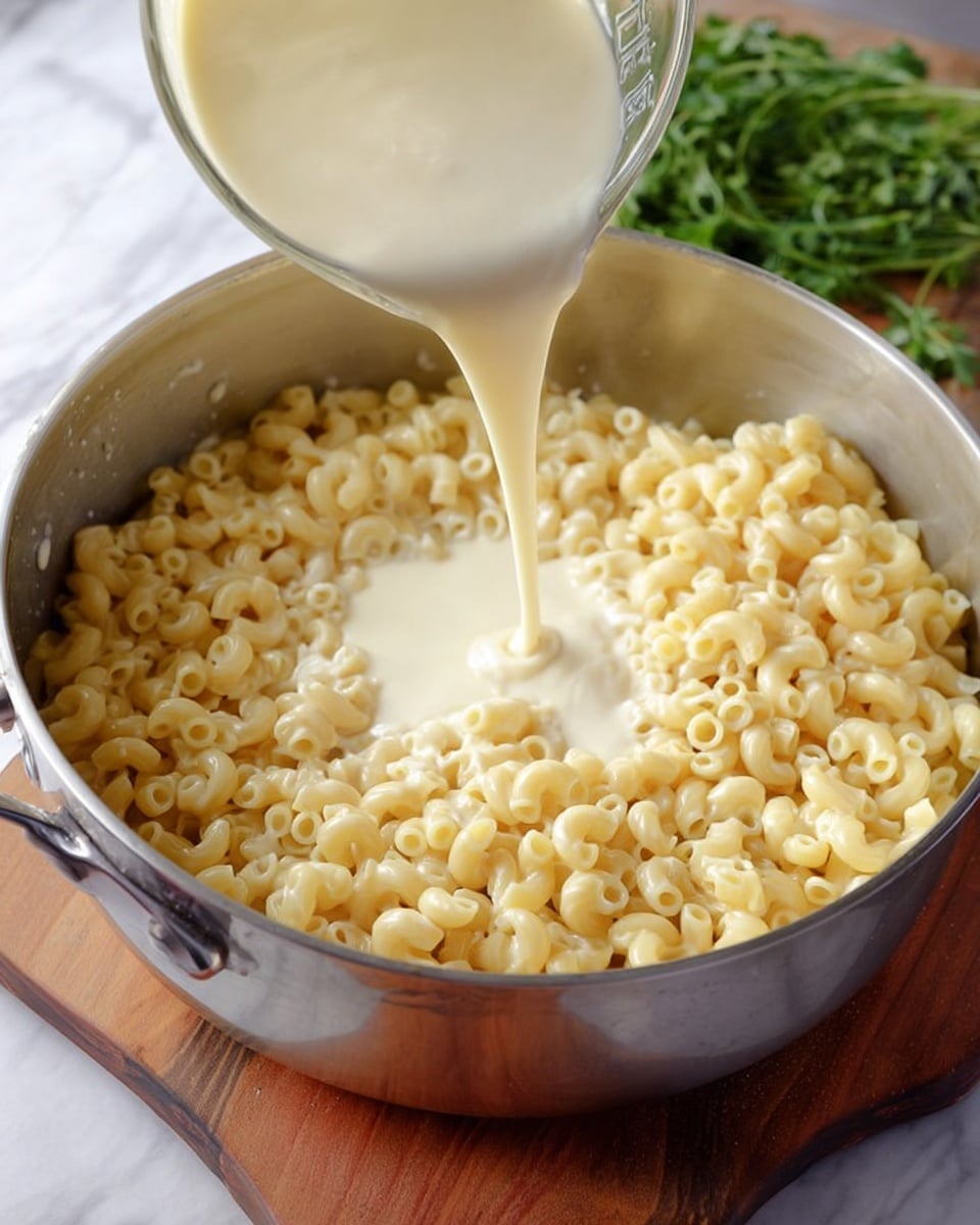 A large silver pot filled with cooked elbow macaroni, pale yellow in color with a slightly glossy texture, sits on a wooden board. Creamy white sauce is being poured from a clear measuring cup into the center of the macaroni, creating a thick, smooth stream that blends with the pasta below. In the background, a bunch of green herbs can be seen on a white marbled surface. The focus is on the action of pouring the sauce over the pasta. photo taken with an iphone --ar 4:5 --v 7