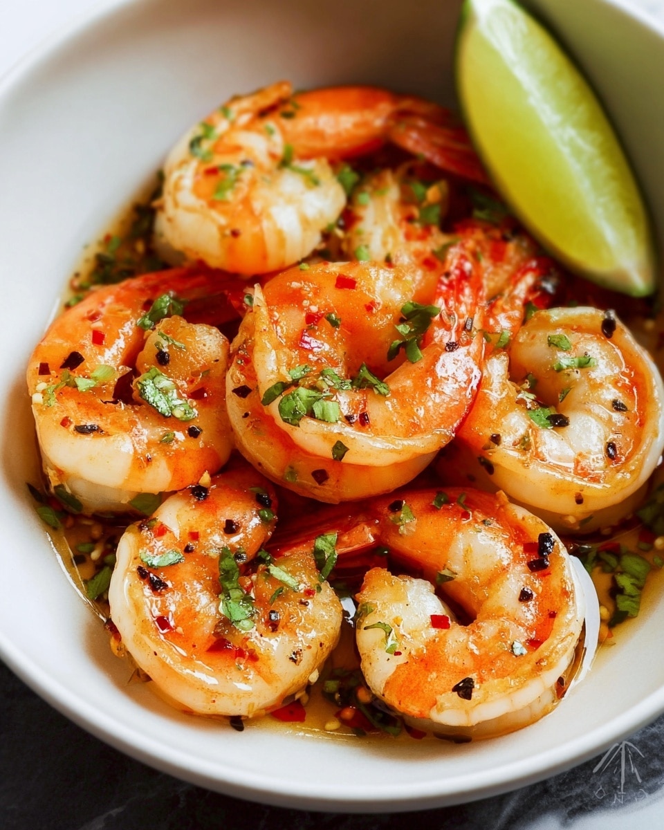 Close-up of six cooked shrimp arranged in a circle inside a white bowl. The shrimp are pink and orange with a glossy texture, showing a slight char on their edges. They are topped with small green herbs and black pepper flakes, adding green and black specks across the shrimp. A wedge of lime with a light green color rests at the edge of the bowl. The bowl is set on a white marbled surface. The lighting brings out the shine on the shrimp and makes the colors bright and fresh. Photo taken with an iphone --ar 4:5 --v 7