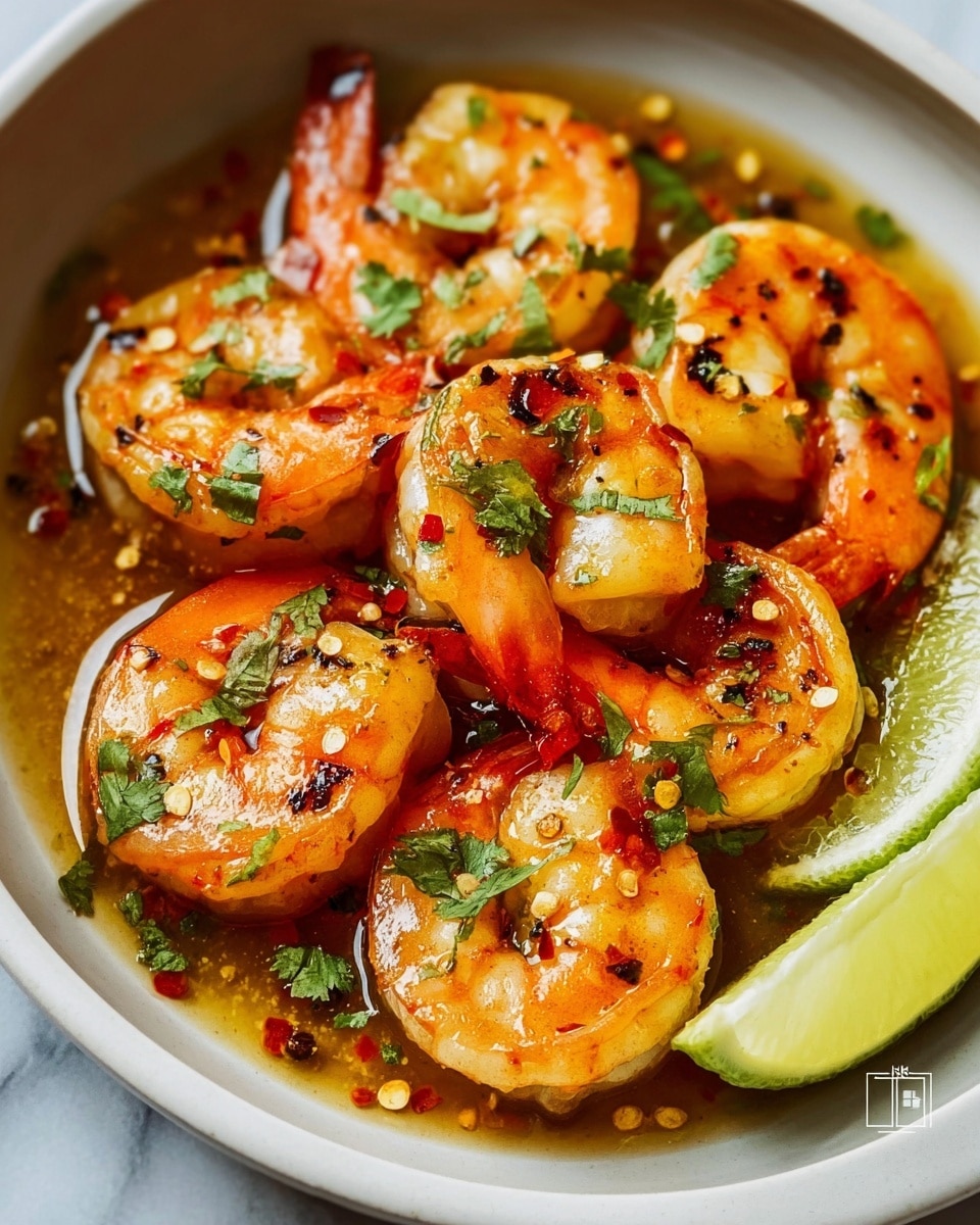 The image shows a close-up of six shrimp arranged in a white bowl. The shrimp are cooked to a light orange color with char marks and are coated in a glossy sauce. Small green herb leaves, likely cilantro, are sprinkled on top along with cracked black pepper and tiny red pepper flakes. There is a wedge of lime on the right side of the bowl, partly visible. The bowl sits on a white marbled surface. The photo taken with an iphone --ar 4:5 --v 7