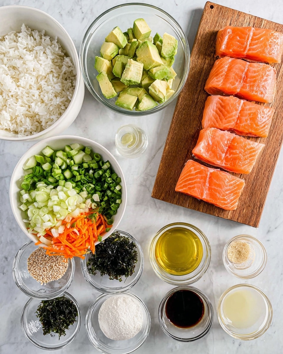 The image shows a top view of various fresh ingredients arranged neatly on a white marbled surface. On the right side, there are five pieces of fresh, pink salmon fillets placed on a wooden board. Above the salmon, a clear glass bowl holds light green avocado cubes. To the left, a large white bowl is filled with fluffy white rice. Next to it, another white bowl contains chopped cucumber, shredded orange carrots, and sliced green onions arranged in separate sections. Around these bowls and board, small glass containers hold different ingredients: dark green seaweed flakes, black and white sesame seeds, white powder, light yellow powder, clear liquid, light golden liquid, dark soy sauce, and a pale yellow sauce. All items are clearly visible with bright natural light, and the composition is clean and organized. photo taken with an iphone --ar 4:5 --v 7