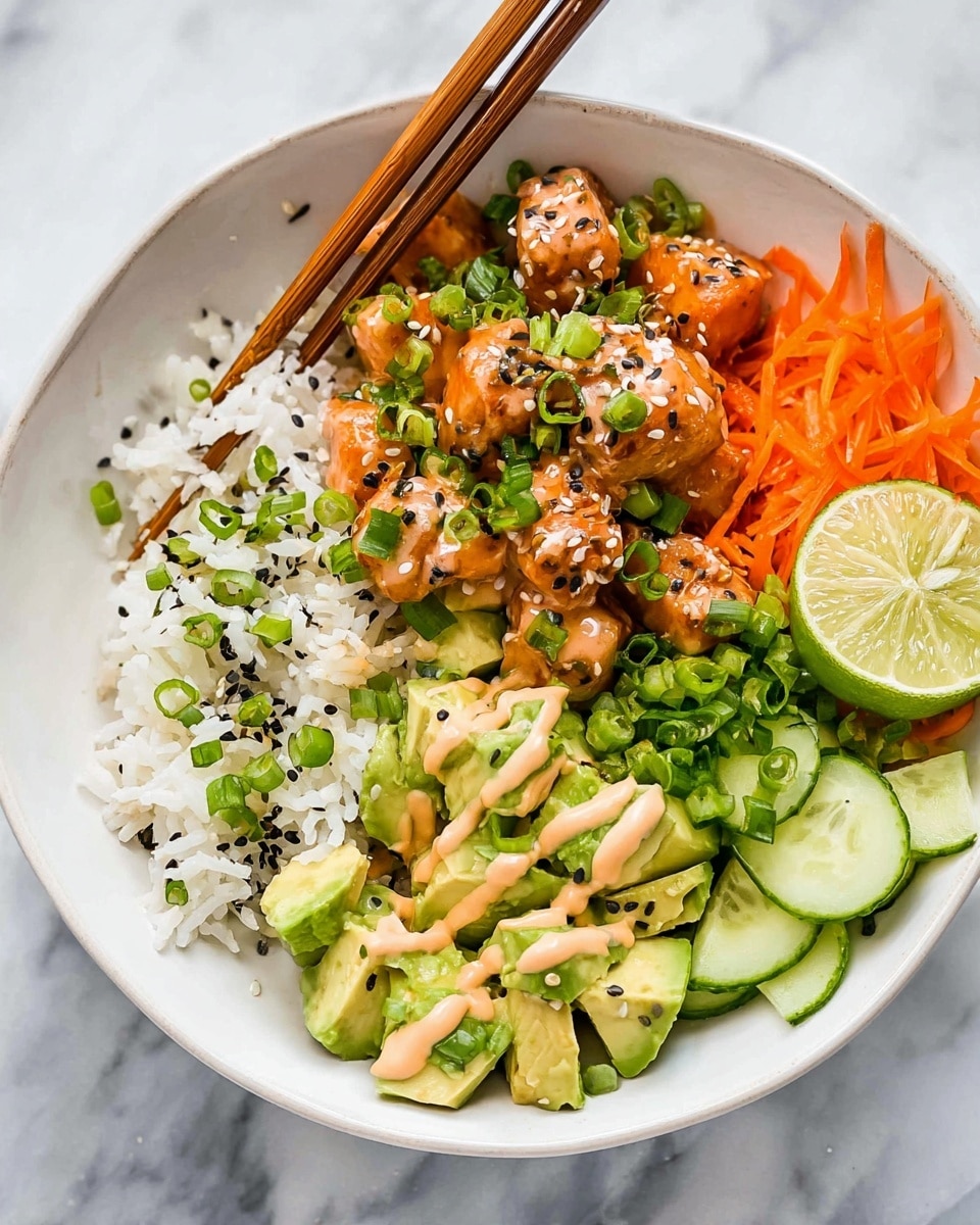 A white bowl on a white marbled surface holds a colorful poke bowl with five main layers. Starting from the bottom left, there's a layer of white rice with chopped green onions sprinkled on top. Next to it, on the right base of the bowl, is a layer of diced avocado with a creamy light orange sauce drizzled over and black sesame seeds scattered around. Above the avocado, there is a pile of cubed orange-brown cooked fish coated in a sauce, garnished with green onions and sesame seeds, with a pair of wooden chopsticks picking up a piece. To the right side of the bowl, there is a small pile of chopped cucumber and thin, bright orange shredded carrots. At the bottom right edge, a wedge of lime adds a fresh touch. The whole dish is bright, fresh, and neatly arranged. Photo taken with an iphone --ar 4:5 --v 7