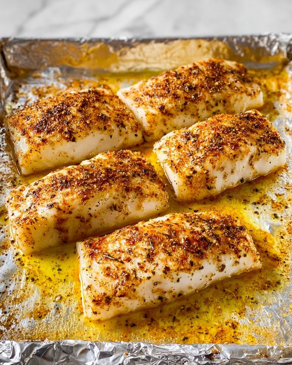 Four thick white fish fillets lie side by side on a foil-lined baking tray, each covered with a layer of golden-brown spices and herbs, creating a slightly crispy textured surface; a yellow oily sauce pools beneath them, spreading unevenly across the shiny foil. The fish appears moist and tender with subtle grill marks visible under the spice coating. The background is a white marbled texture. photo taken with an iphone --ar 4:5 --v 7