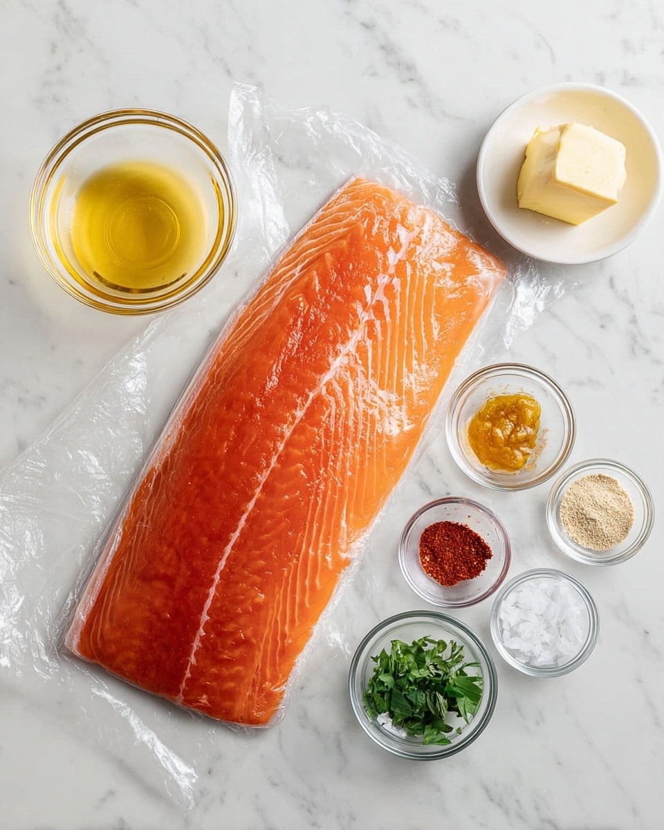 A large raw salmon fillet with bright orange color and white lines lies flat on transparent plastic wrap. To the right of the salmon, there are seven small clear glass bowls and a white bowl arranged in a loose cluster on a white marbled surface. The clear bowls contain melted butter, a transparent liquid, a light yellow mustard-like paste, a dark amber liquid, and fresh green herbs. The white bowl holds five small piles of spices, including red powder, white salt, and beige granules. Photo taken with an iphone --ar 4:5 --v 7