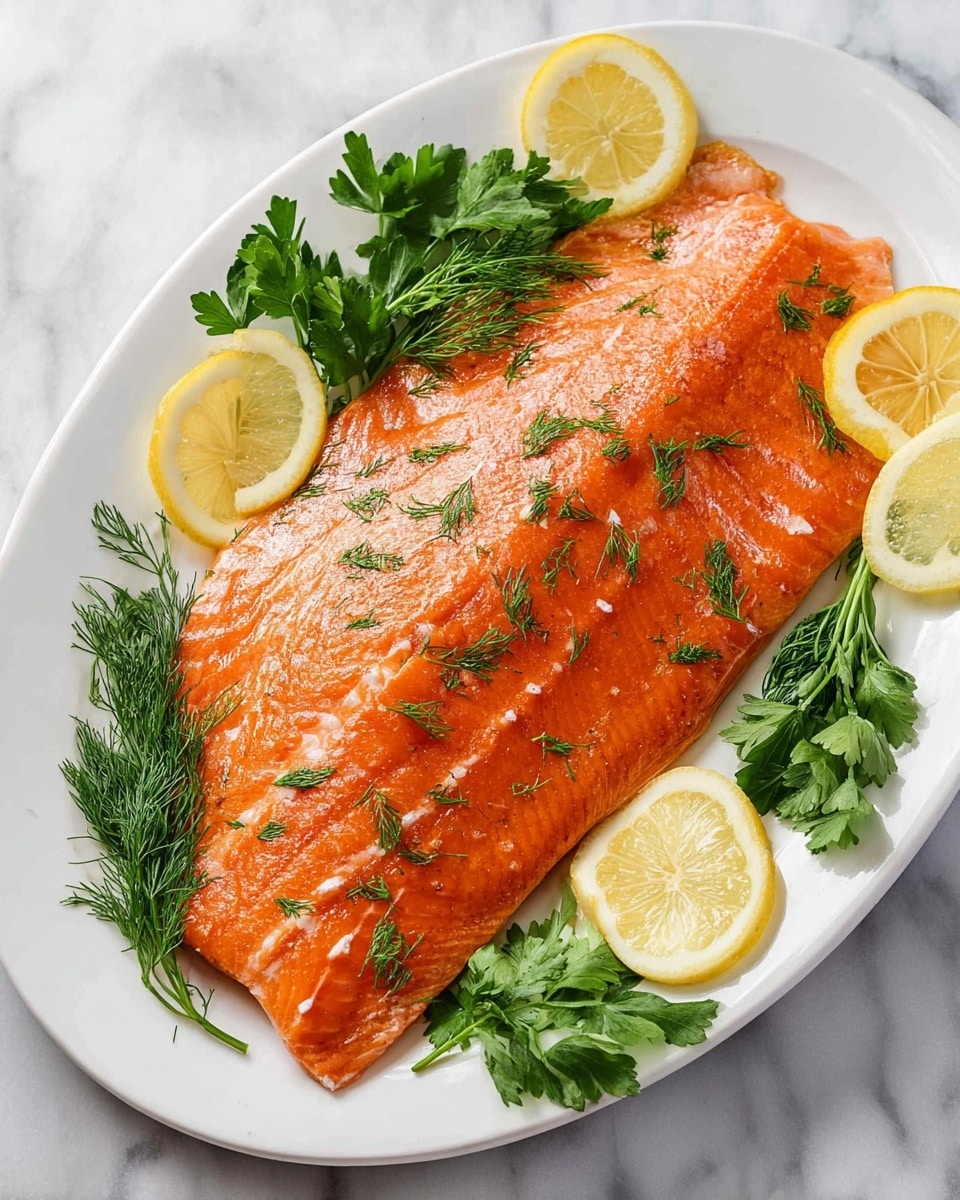 A large piece of cooked salmon with a bright orange color and a soft, flaky texture sits on a white plate. The salmon is partially lifted by a fork, showing its moist inside layers. It is sprinkled with green dill and parsley leaves on top and around. Thin lemon slices with white and pale yellow tones are placed under and beside the salmon, resting on the plate. The plate is set on a white marbled surface. photo taken with an iphone --ar 4:5 --v 7