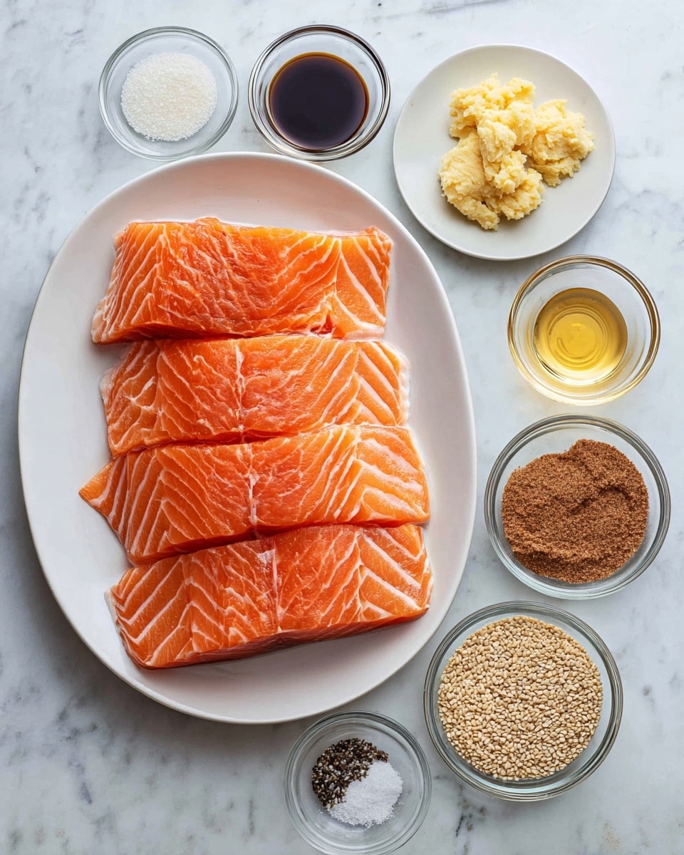 The image shows four large, raw salmon fillets with bright orange and white marbling neatly placed next to each other on a white oval plate, positioned slightly left of center on a white marbled surface. Surrounding the plate are several small, clear glass bowls and one white round plate with different ingredients: top center has a bowl of dark soy sauce, top right white plate holds beige mashed garlic on the left and yellow mashed ginger on the right, middle right a bowl filled with light brown sesame seeds, below that a small clear glass cup with light golden liquid, next to it to the left a similar cup with clear liquid, bottom center a white bowl with dark brown brown sugar, bottom left a small glass bowl with white flour or starch, and top left a small glass bowl containing salt and black pepper mixed side by side. The whole setup is neatly arranged on the white marbled texture in soft natural light. Photo taken with an iphone --ar 4:5 --v 7