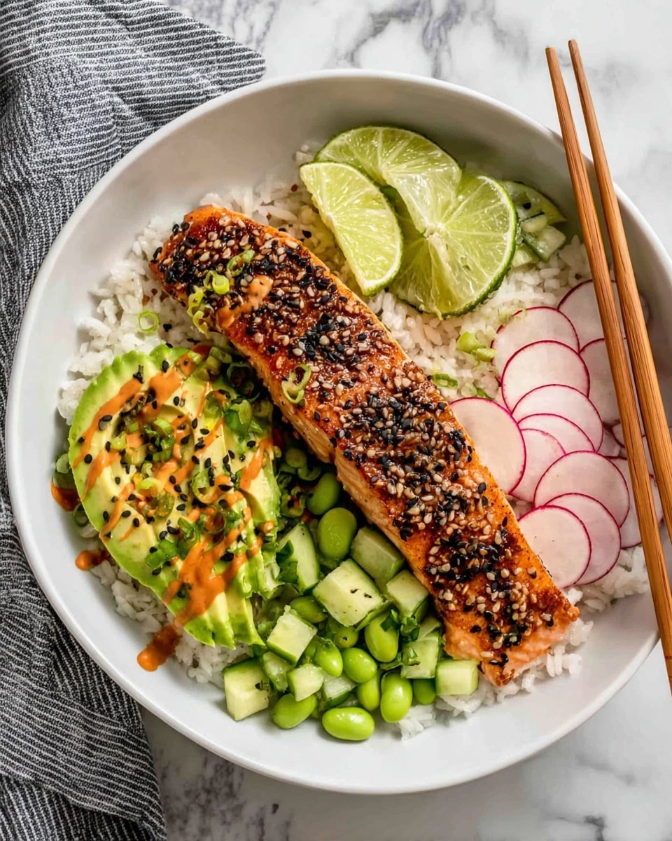A white bowl is filled with a cooked salmon fillet coated in dark sesame seeds on the left side, resting over a base of white rice. Next to the salmon, there are bright green edamame beans, slices of fresh light green avocado with a drizzle of orange sauce and black sesame seeds on top, and a pile of chopped cucumber pieces in light green. On the far right, thinly sliced radishes add a pink and white color. Two lime wedges sit above the salmon, and a pair of wooden chopsticks rest on the rim of the bowl. The bowl sits on a white marbled surface with a gray-striped cloth nearby. Photo taken with an iphone --ar 4:5 --v 7