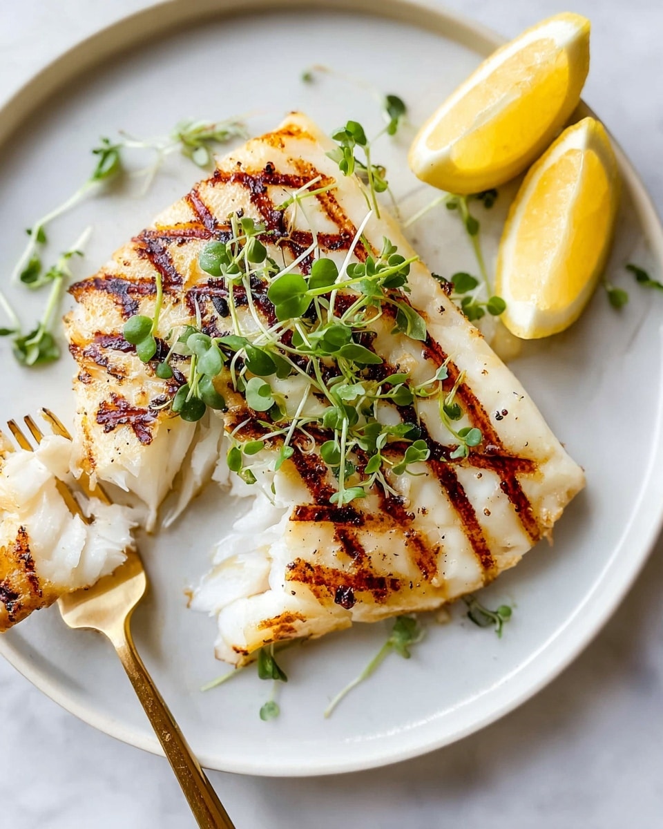 The image shows a white plate with a single thick piece of grilled fish, marked with dark brown grill lines and lightly charred spots. The fish has white flaky layers visible where a small piece has been taken by a gold fork near the bottom right of the plate. There are small green herb leaves scattered on top of the fish, and two lemon wedges sit on the upper right edge of the plate. The plate rests on a white marbled surface. Photo taken with an iphone --ar 4:5 --v 7