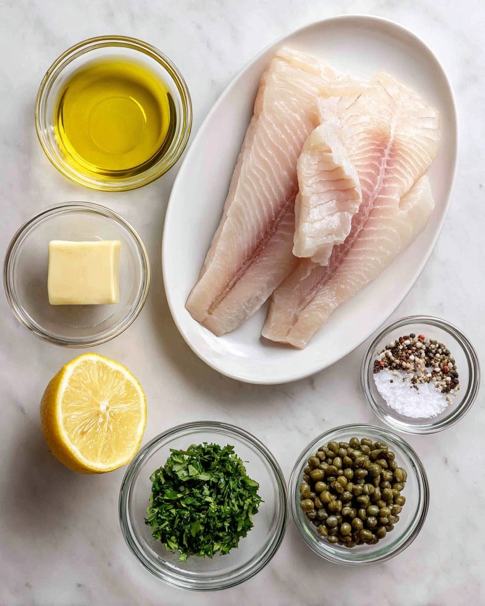 Two thick pale pink fish fillets with slight marbling and one with a strip of dark skin sit on a white plate at the top left. Surrounding the plate are six clear glass bowls: the top one holds golden yellow olive oil, the next one below is filled with finely chopped green herbs, the small one to the left contains a small cube of pale yellow butter, the bottom left has a lemon half showing yellow flesh and seeds, the bottom right bowl holds green whole capers, and the last small bowl to the right has a mix of black pepper and white coarse salt. All items are arranged on a white marbled surface photo taken with an iphone --ar 4:5 --v 7