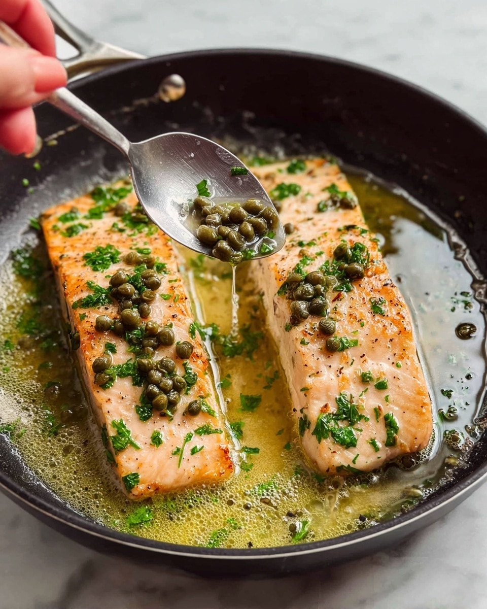 Two large pieces of light pink fish fillets with golden-brown edges lie side by side in a black frying pan. The surface of each fish piece is decorated with scattered small green parsley leaves and green capers. The pan has bubbling melted butter mixed with chopped green herbs around the fish, creating a shiny and rich texture. A woman's hand holding a shiny silver spoon is gently spooning some capers and butter sauce over the fish. The background shows a white marbled surface under the pan. photo taken with an iphone --ar 4:5 --v 7