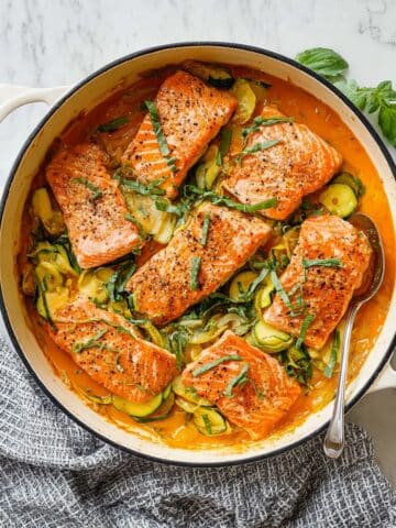 Creamy Skillet Salmon with Zucchini, Yellow Squash, and Basil Recipe