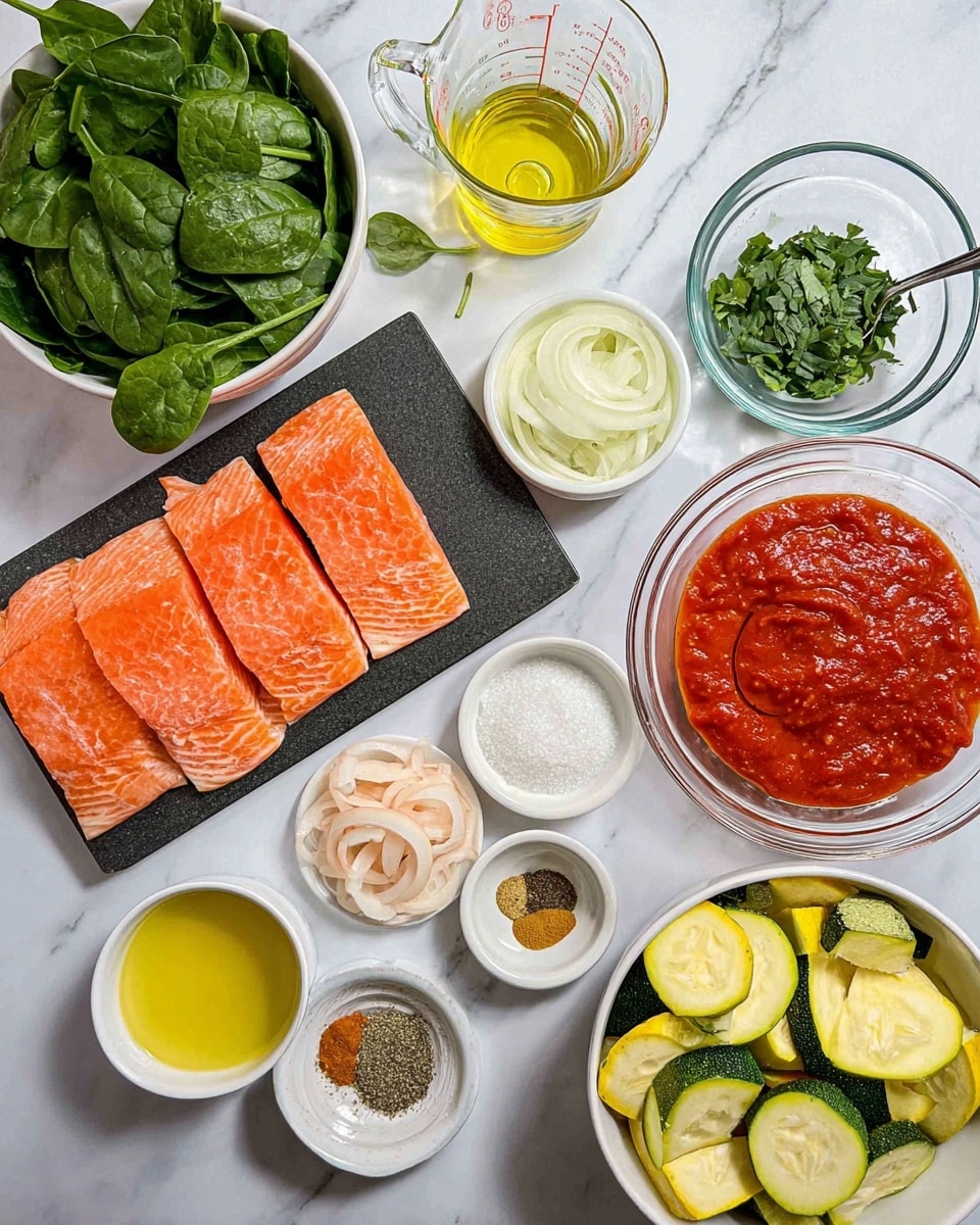 The image shows several ingredients arranged neatly on a white marbled surface. At the bottom left, four pieces of raw salmon with a bright orange-pink color lie on a dark rectangular board. Above the salmon, fresh green spinach leaves fill a white bowl on the left. Next to the spinach bowl is a small glass bowl of sliced green herbs, with a glass measuring cup of light yellow liquid nearby. To the right, a larger clear glass bowl holds rich red tomato sauce. Below that, two small white bowls contain spices and seasonings with light brown, green, salt, and pepper colors. Thinly sliced pale pink onion rings are visible in a clear glass bowl near the center. A small glass container of light golden oil and another bowl filled with creamy white sauce are also present. At the bottom right, a white bowl holds yellow and green sliced zucchini and squash. The overall setup is clean and organized, with fresh and colorful ingredients ready for cooking. photo taken with an iphone --ar 4:5 --v 7