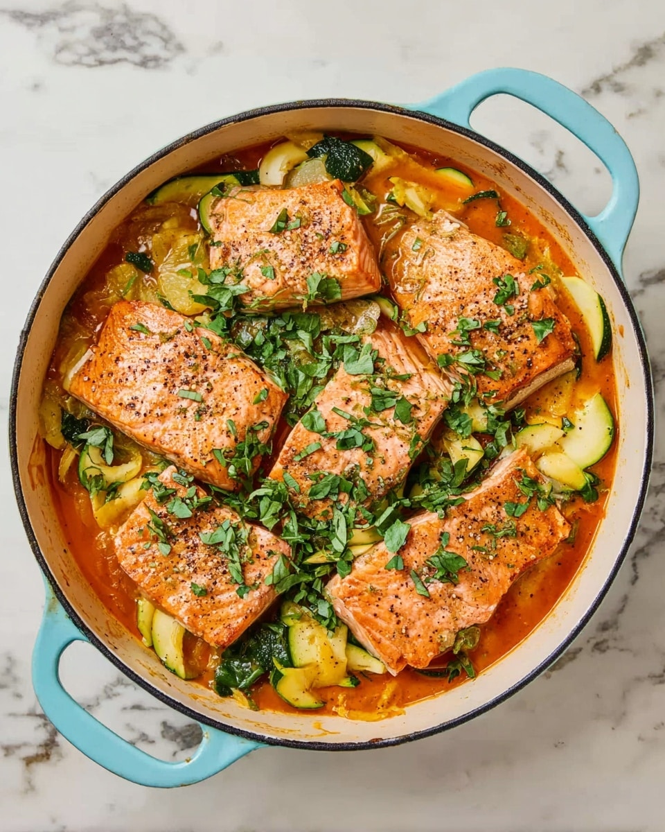A round cooking pot with light blue handles contains four thick salmon pieces on top, each with a light pink color and black pepper seasoning. Below the salmon, there is a base of orange sauce mixed with green and yellow slices of zucchini and spinach leaves. The dish is sprinkled with fresh green chopped herbs evenly across the top. The pot rests on a surface with a white marbled texture. photo taken with an iphone --ar 4:5 --v 7