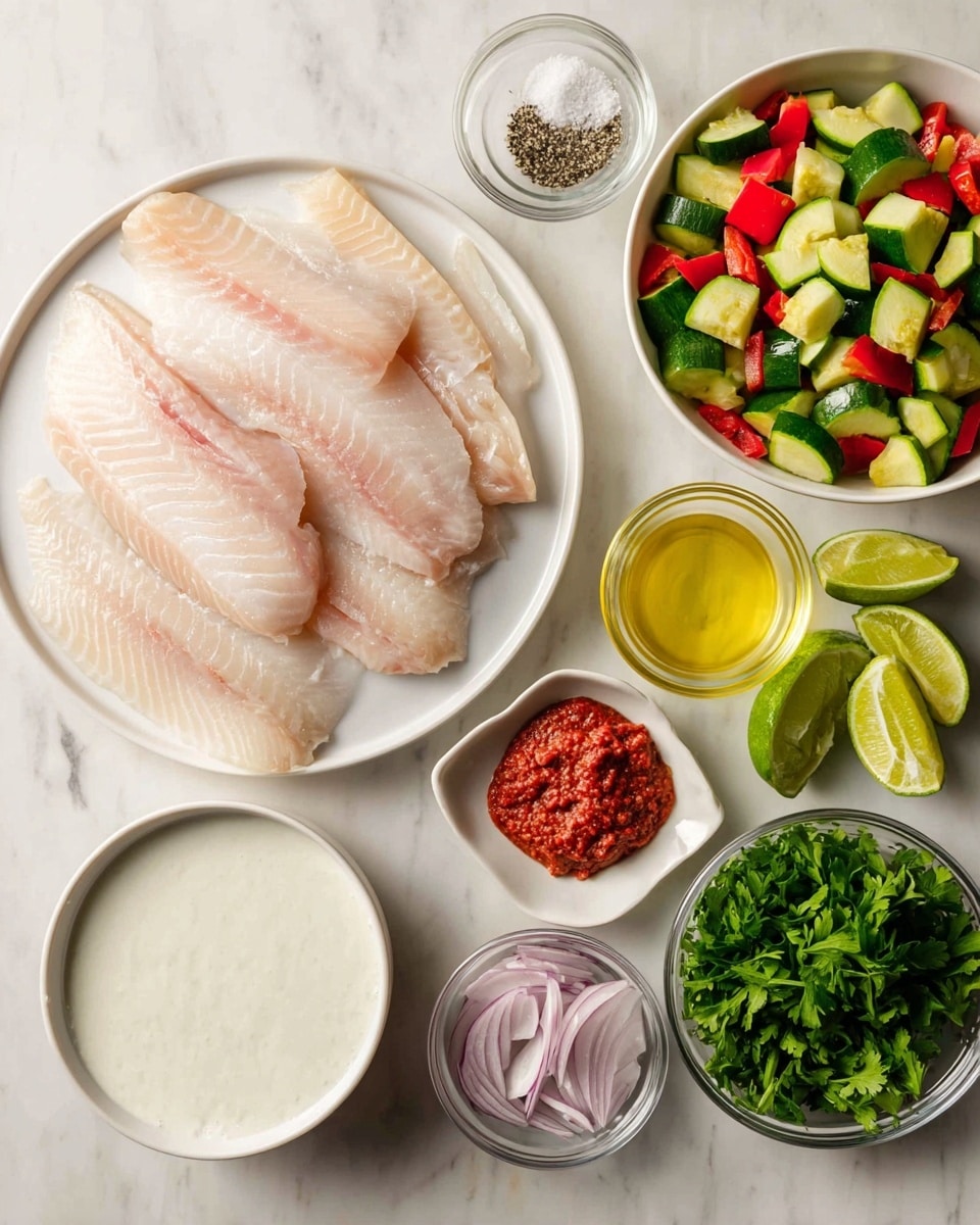 The image shows raw fish fillets with light pink and white layers placed on a white plate. To the top right, there is a white bowl filled with chopped green zucchini and red bell peppers. Below that bowl, fresh green parsley leaves are in another white bowl. Next to it, there is a small white dish containing salt and black pepper. A small glass bowl of thinly sliced pale purple shallots is on the bottom right. Nearby, there are two small clear glass bowls with minced garlic and minced ginger. Moving leftwards, there is a small white bowl holding thick red paste. To the bottom left, a larger white bowl contains smooth, creamy white coconut milk. Slices of lime and green chili peppers are in a small square white dish on the far left. Finally, a small glass bowl of golden olive oil is placed beside the garlic and shallots on a white marbled surface. Photo taken with an iphone --ar 4:5 --v 7