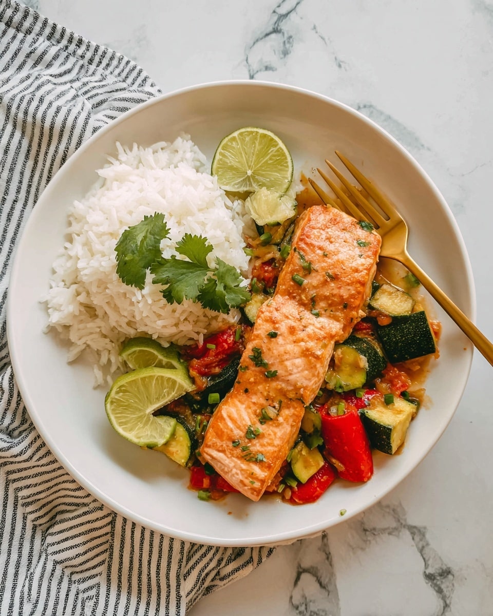A white round plate holds a meal with three main layers: at the top left, a mound of fluffy white rice with a light texture; to the right side of the rice, two thick pieces of cooked salmon with a golden-brown sear and light seasoning visible, resting on a bed of sautéed vegetables; this bottom layer includes chopped green zucchini pieces and red bell peppers, mixed with thin onion strips and small green chili slices, all cooked with a slight shine from sauce or oil. Two lime wedges sit on the edge of the plate near the rice, adding a fresh green color contrast. A bright green cilantro leaf garnishes the vegetables and salmon. A golden fork is placed on the right side of the plate, under one piece of salmon. The plate sits on a white marbled surface with a striped white and black cloth nearby. Photo taken with an iphone --ar 4:5 --v 7