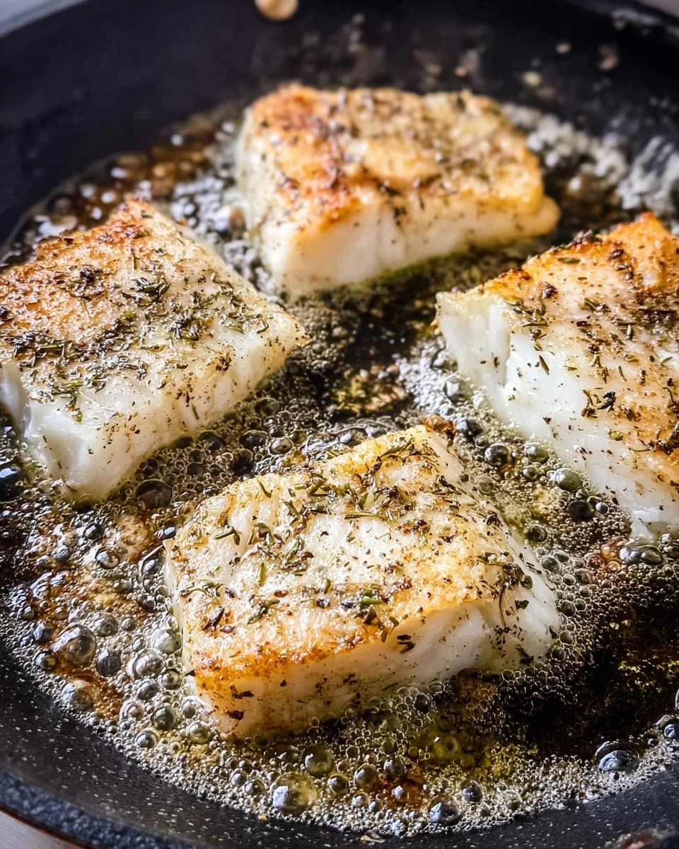 The image shows four thick white fish pieces frying in a black pan with oil bubbling around them. Each fish piece is seasoned with black pepper and herbs, and has a golden brown crust on the top side, while the sides remain white and tender. The surface of the pan is slightly shiny with oil and small browned bits. The black pan contrasts with the white marbled texture beneath it, highlighting the cooking scene. photo taken with an iphone --ar 4:5 --v 7