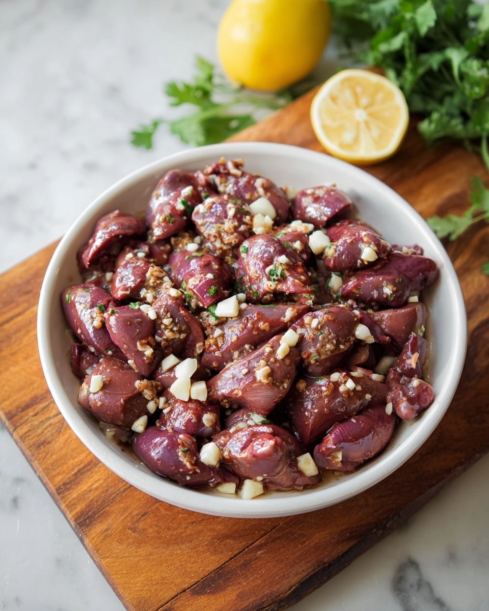 A white bowl filled with many small, raw chicken hearts that are dark reddish-purple in color with some white fatty parts. The hearts are covered with small pieces of chopped garlic and a light sauce that gives a shiny look. The bowl is placed on a brown wooden board, and in the background, half a lemon and some green cilantro leaves are visible on a white marbled surface. Photo taken with an iphone --ar 4:5 --v 7