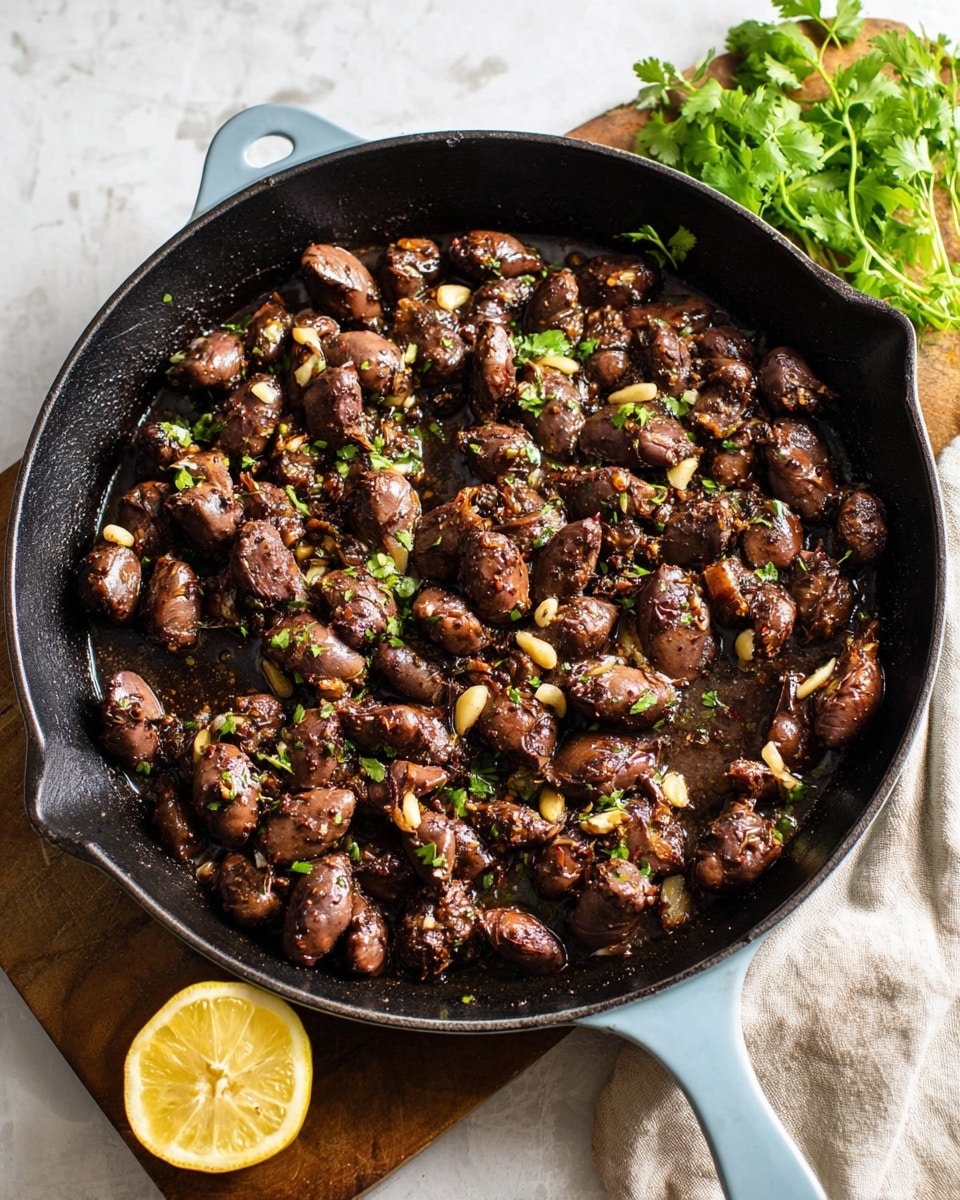 A black cast iron pan filled with about three layers of shiny, cooked chicken hearts that are dark brown and slightly glossy from cooking juices and small pieces of browned garlic scattered on top. The pan has a light blue handle and sits on a wooden board with some green cilantro leaves and a cut lemon half next to it. The background is a white marbled texture with a beige cloth partially visible near the pan. Photo taken with an iphone --ar 4:5 --v 7