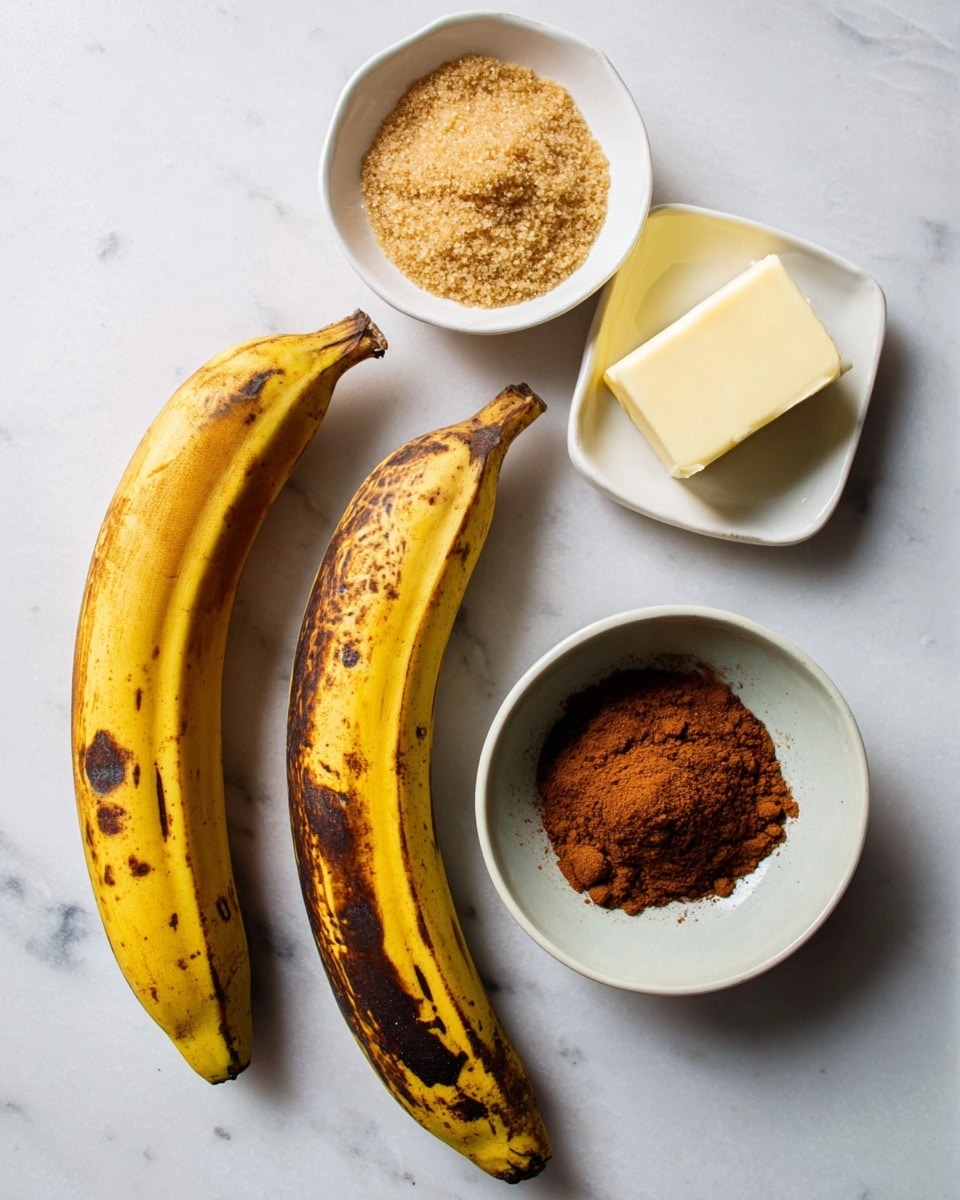 Two ripe plantains with yellow skin and dark spots lie on a white marbled surface. Near them, there is a white bowl containing light brown sugar with a crumbly texture. Above it, a small white dish holds a solid block of pale yellow butter. Next to the butter, another small white dish contains a heap of rich brown cinnamon powder. The scene is simple and bright, showing the natural textures and colors of the ingredients clearly. Photo taken with an iphone --ar 4:5 --v 7