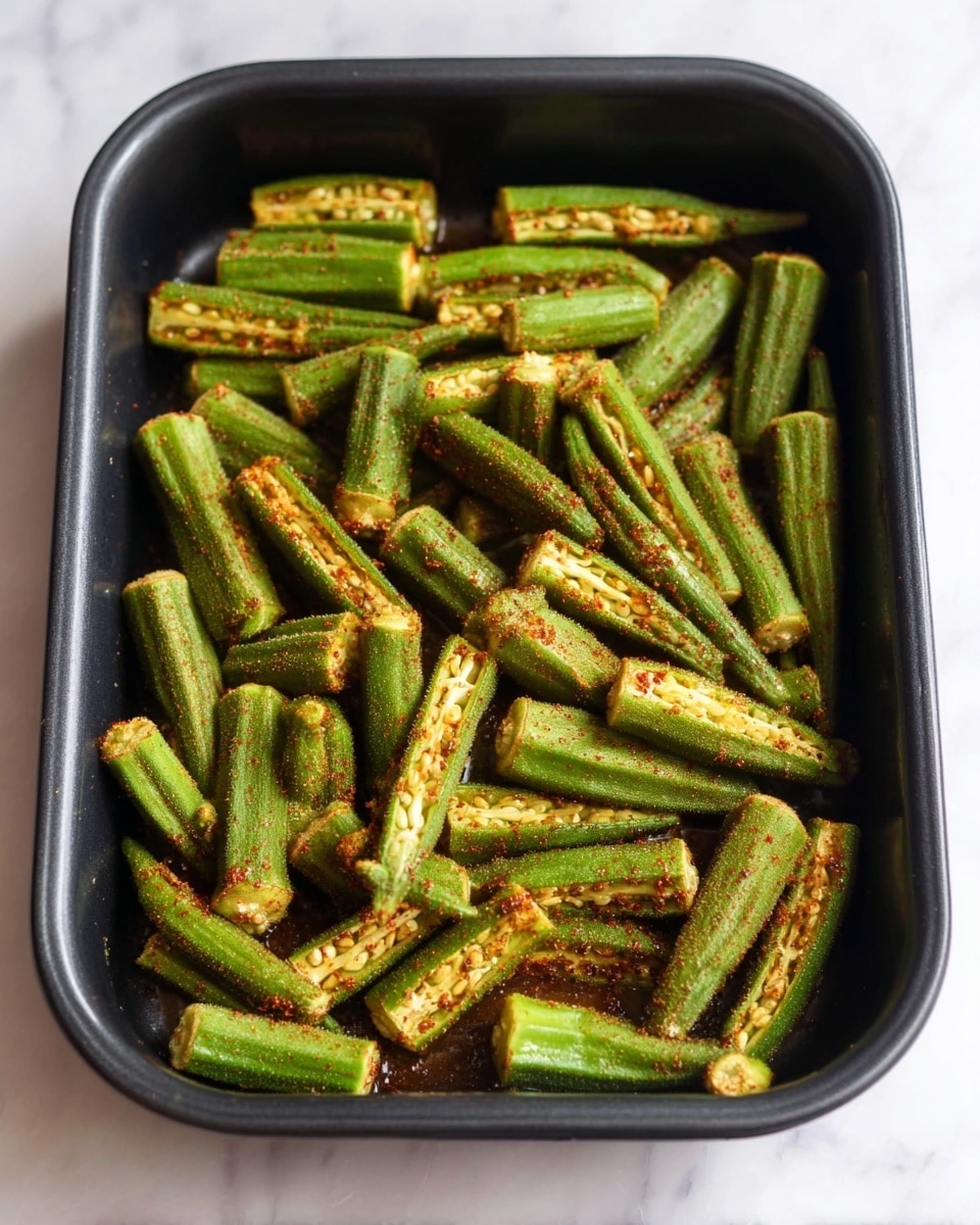 The image shows a black rectangular pan filled with small green okra pieces that are evenly spread out in one layer. Each okra piece is cut into about 2-3 inch segments, showing a few ridges and a slightly rough surface. The okra is coated with a brownish-red spice mix, giving them a speckled, textured look. The pan sits on a white marbled surface, adding a clean contrast to the vibrant green and warm spice colors. Photo taken with an iphone --ar 4:5 --v 7
