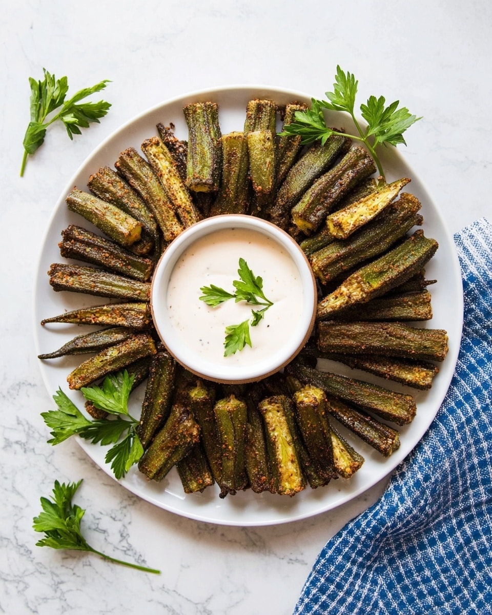 A white plate is filled with one layer of roasted okra sticks, arranged in a circular pattern around the edge of the plate. The okra is dark green with charred brown spots and a rough, spiced texture. In the center of the plate, there is a small white bowl containing a creamy white dipping sauce, garnished with a small sprig of fresh green parsley. Additional parsley sprigs rest on the plate near the bowl. The plate is placed on a white marbled surface, with a blue and white checkered cloth partially visible on the right side. Photo taken with an iphone --ar 4:5 --v 7