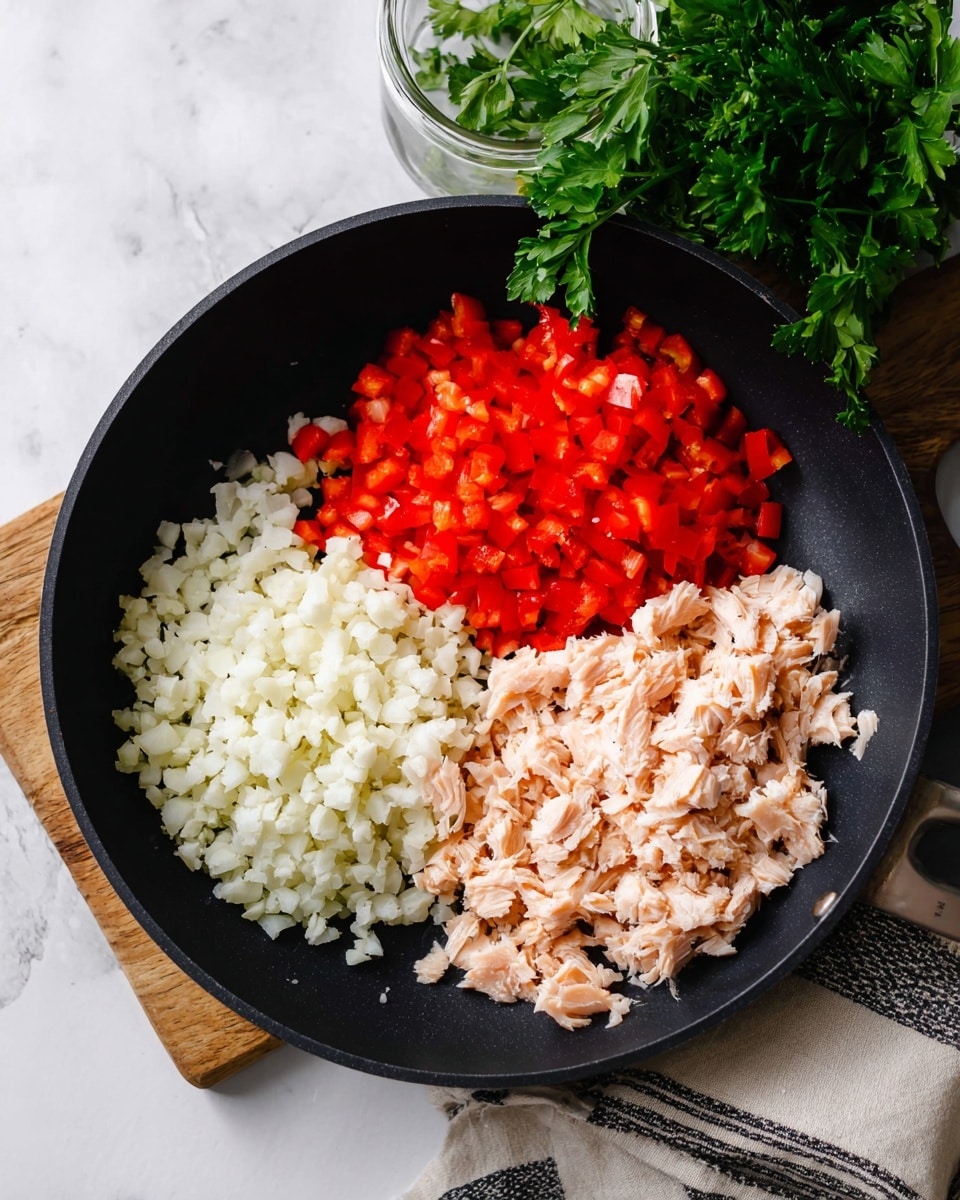 A black frying pan holds three separate piles of ingredients arranged side by side. On the left is a mound of small white cauliflower rice pieces with a grainy texture. In the middle towards the top, there is a bright red pile of finely chopped red bell peppers with a shiny, fresh look. On the right side, there is a pale pink heap of cooked, roughly shredded fish flakes that look soft and moist. The pan rests on a light wooden board placed on a white marbled surface. Green leafy parsley sits in a jar near the top right of the pan, and a beige cloth with dark stripes is partly visible at the bottom right. Photo taken with an iphone --ar 4:5 --v 7