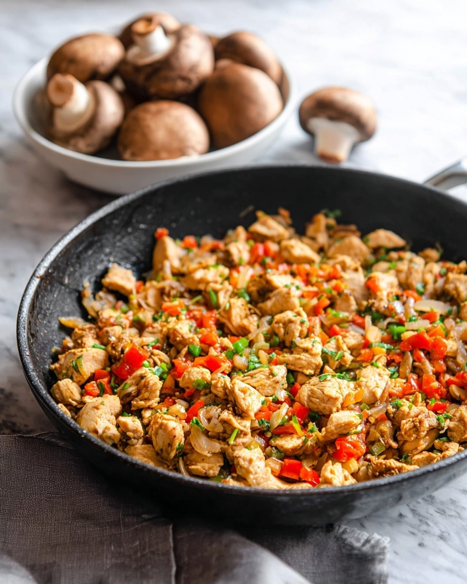 A black skillet filled with a mix of small, light brown cooked pieces of chicken, chopped white onions, bright red bell pepper bits, and green herbs scattered throughout, giving a colorful, textured look. Behind the skillet is a shallow white bowl holding several whole brown mushrooms with a smooth, slightly shiny surface. The skillet rests on a white marbled surface with a gray cloth napkin partly visible. Photo taken with an iphone --ar 4:5 --v 7