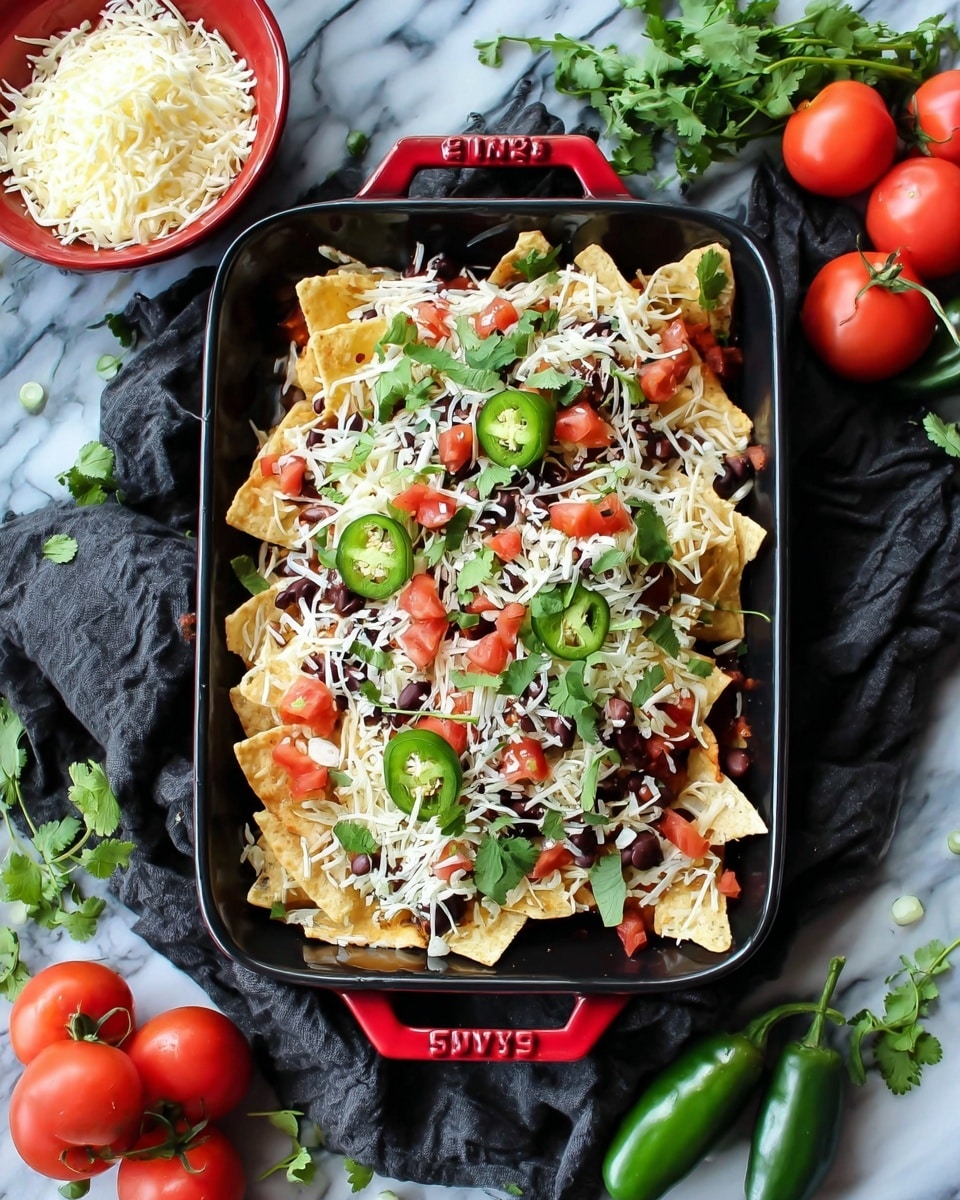 A black rectangular dish with red handles is filled with layered pale yellow tortilla chips, topped with black beans, small diced red tomatoes, shredded white cheese, and green jalapeño slices scattered on top; some green cilantro sprigs are placed on the dish and around it. To the left, a small red bowl holds more shredded white cheese, and to the right, fresh red tomatoes and green jalapeños rest on a white marbled surface with a dark gray cloth partially underneath the dish. photo taken with an iphone --ar 4:5 --v 7