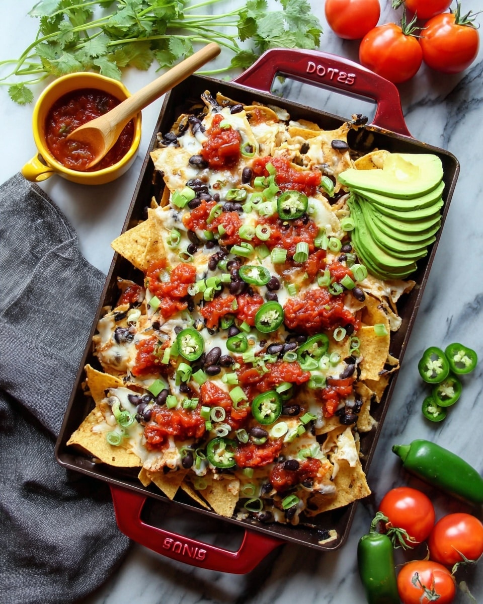 A rectangular red pan filled with a layered pile of pale yellow crispy tortilla chips topped with melted white cheese, black beans scattered evenly, bright red salsa dollops, and sliced green jalapenos and green onions scattered on top. On the right side of the pan, there is a fan of bright green avocado slices. The pan is on a white marbled surface with a grey cloth nearby, a small yellow bowl of salsa with a wooden spoon inside, and some fresh red tomatoes and green jalapenos around. photo taken with an iphone --ar 4:5 --v 7