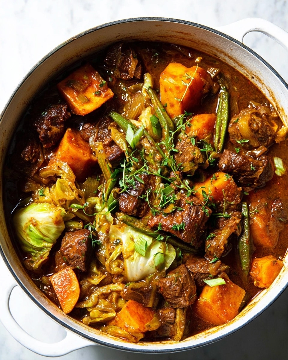 The image shows a white pot filled with a rich stew containing several chunky layers. The top layer features large pieces of orange sweet potato, green okra pods, and tender-looking brown beef chunks, mixed throughout a glossy, dark brown sauce. There are also pieces of light green cabbage with soft, wrinkled leaves tucked on one side. The stew looks thick with visible herbs sprinkled on top, adding a touch of green. The pot rests on a white marbled surface. Photo taken with an iphone --ar 4:5 --v 7