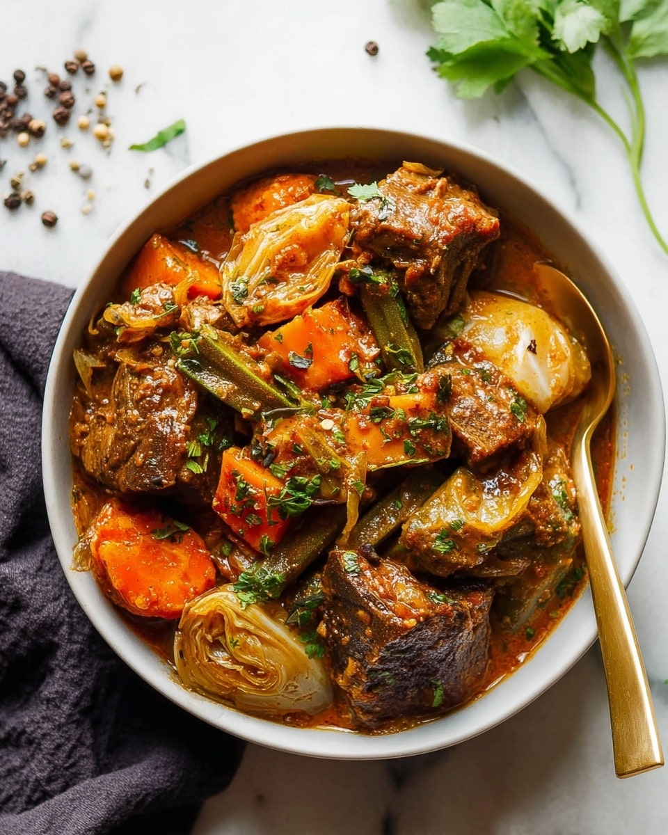 In the image, a white bowl is filled with a rich stew showing several layers: large chunks of dark brown meat with a shiny sauce speckled with green herbs are mixed with bright orange sweet potato pieces, pale cabbage rolls, and green okra. The sauce coats the meat and vegetables, adding a glossy texture. The bowl rests on a white marbled surface with scattered peppercorns and fresh green leaves around it. A gold spoon is placed inside the bowl, angled toward the front. Photo taken with an iphone --ar 4:5 --v 7