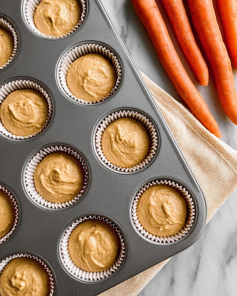 A close-up view of a gray metal muffin tray with twelve round slots, each lined with white paper cupcake liners filled with light brown batter, smooth and slightly swirled on top. To the right of the tray, there is a bunch of orange carrots resting on a white marbled surface with a light cloth partially visible beneath them. The scene is bright and clear, showing the soft textures of the batter and carrots. photo taken with an iphone --ar 4:5 --v 7