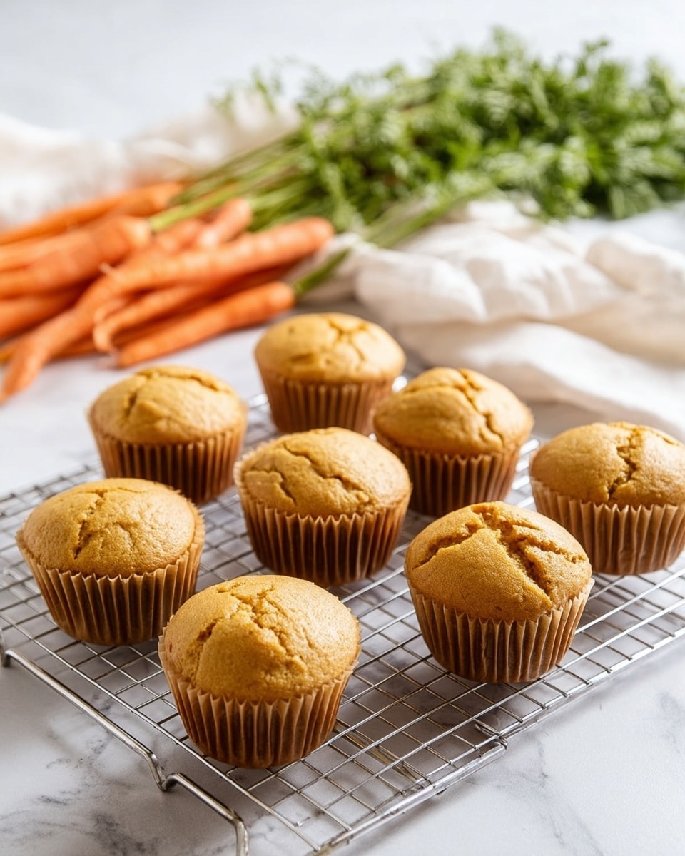 A group of eleven golden brown muffins with slightly cracked tops sits on a silver cooling rack. The muffins have a light, smooth texture and are all wrapped in brown paper liners. In the background, there is a bunch of fresh orange carrots with green leafy tops, placed on a white cloth. The whole scene is set on a white marbled surface, giving a clean and bright look. Photo taken with an iphone --ar 4:5 --v 7