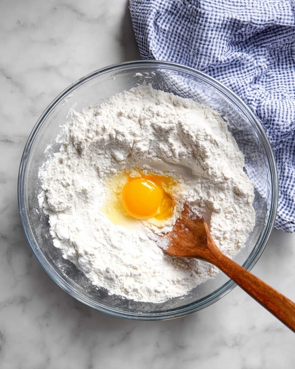 A clear glass bowl filled with white powdery flour surrounding a single raw egg yolk sitting in the center, the yolk is bright yellow-orange and shiny. A wooden spatula is dipped in the flour on the right side of the bowl, with its handle resting on the edge. The bowl is placed on a white marbled surface, and a blue and white checkered cloth is casually draped in the top left corner. Photo taken with an iphone --ar 4:5 --v 7