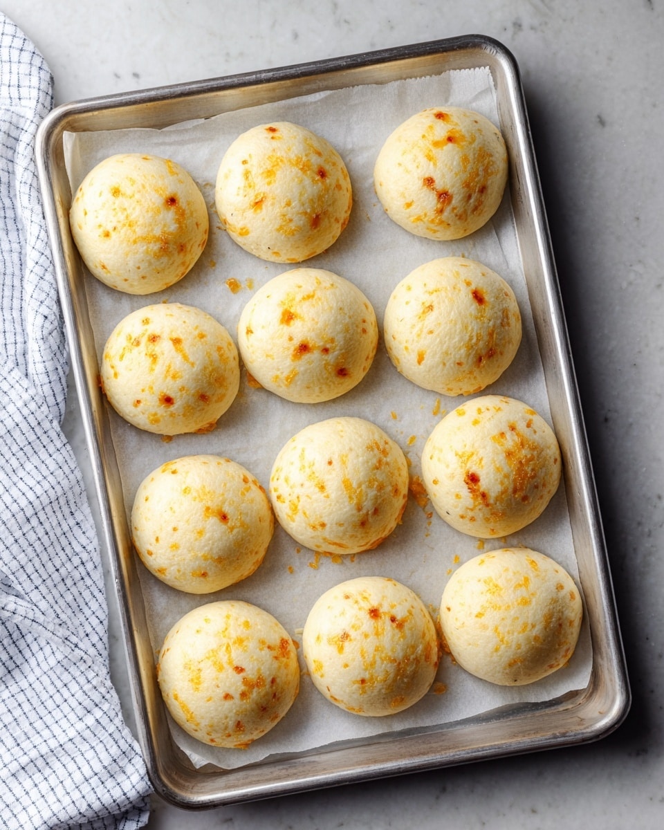 A metal baking tray lined with white baking paper holds twelve round cheese bread rolls arranged in a neat 3 by 4 grid. Each roll is light golden with a slightly uneven surface, dotted with small bits of orange cheese that peek through, giving a speckled texture. The tray sits on a white marbled surface next to a white and blue checkered cloth folded casually in the corner. The light hitting the rolls shows a soft, fluffy texture with a slight sheen that makes them look warm and fresh. photo taken with an iphone --ar 4:5 --v 7