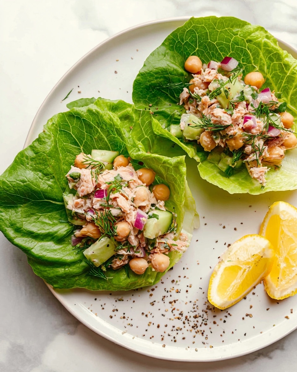 Two lettuce wraps placed on a white plate with a few black pepper sprinkles around. Each wrap has a base layer of large, bright green lettuce leaves that have a fresh and slightly crinkled texture. On top of each leaf is a colorful mix of chickpeas, pale pink shredded tuna, small diced cucumber, finely chopped red onion, and fresh green herbs. Near the wraps on the plate are two lemon wedges showing a bright yellow color and juicy texture. The plate sits on a white marbled surface. photo taken with an iphone --ar 4:5 --v 7