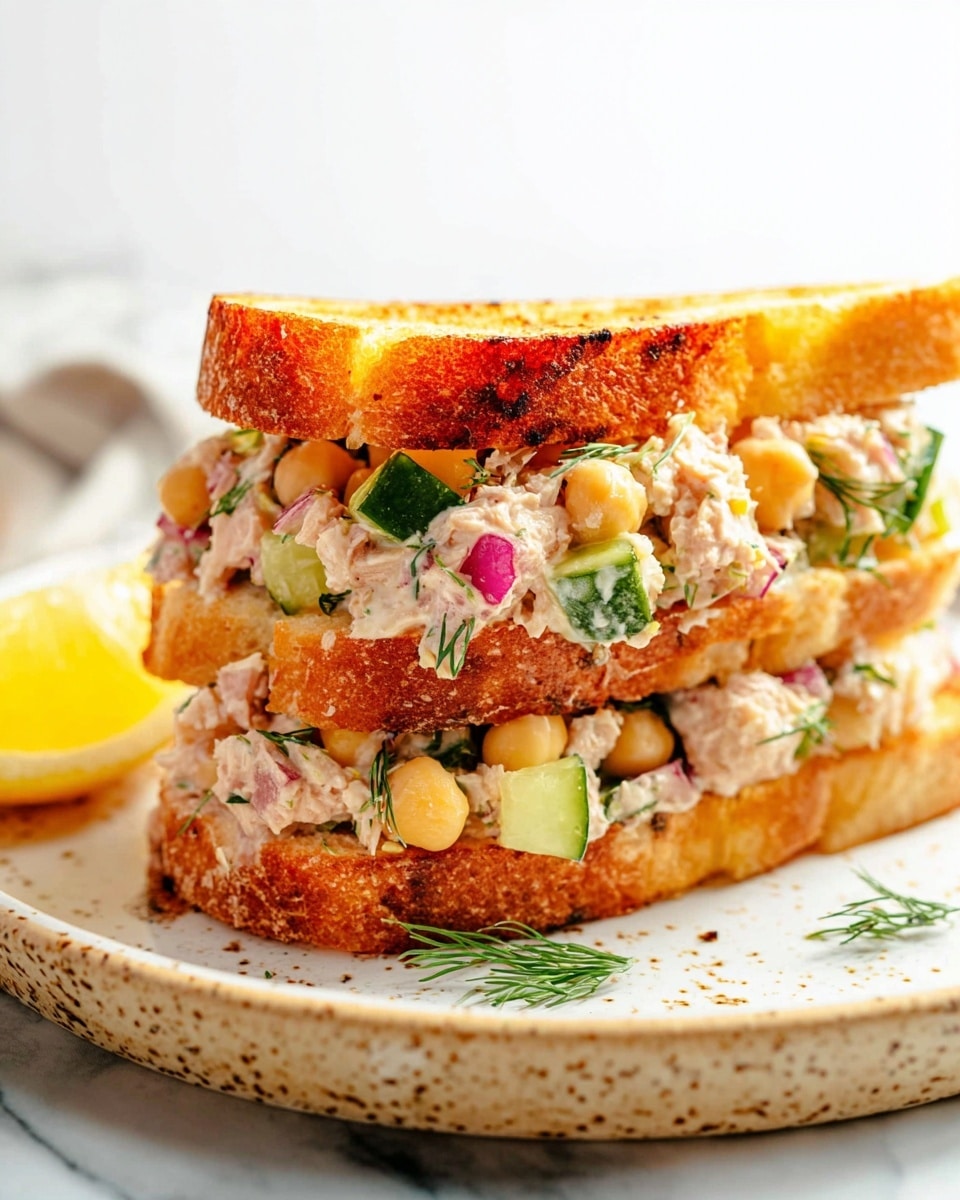 A sandwich with two thick slices of toasted bread that are golden and crispy on the outside. Inside the sandwich, there is a chunky mix of light pink tuna, round beige chickpeas, small green cucumber pieces, finely chopped red onion, and green dill scattered throughout. The sandwich sits on a white plate with a speckled beige rim, placed on a white marbled surface. A wedge of lemon is visible in the background on the plate. photo taken with an iphone --ar 4:5 --v 7