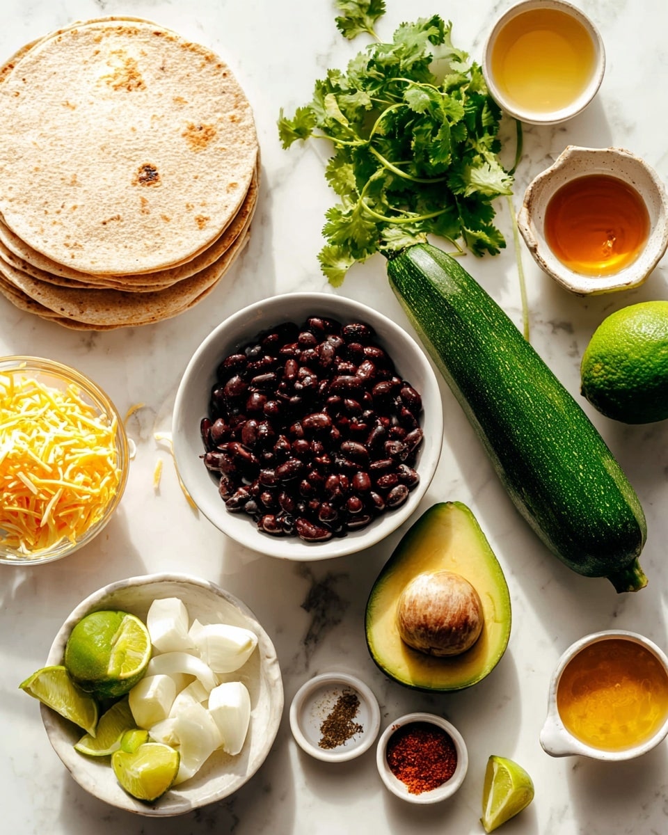 The image shows various fresh and colorful ingredients arranged on a white marbled surface. There is a stack of light brown tortillas in the upper left, next to bright green cilantro leaves. Below the cilantro, a whole dark green zucchini lies horizontally. Next to the zucchini, a white bowl filled with dark, glossy black beans is placed. Nearby, a whole avocado with deep green skin rests on the surface. A white plate holds quartered white onion pieces, peeled garlic cloves, a white bowl with different ground spices in warm brown, red, and white colors, and small amounts of golden oil. Lime wedges with bright green skin and pale green inside are scattered around the plate. A small bowl on the left contains a pale amber liquid, and shredded yellow cheese can be seen in a small white bowl. The lighting is bright and natural, highlighting the fresh textures and vibrant colors. Photo taken with an iphone --ar 4:5 --v 7