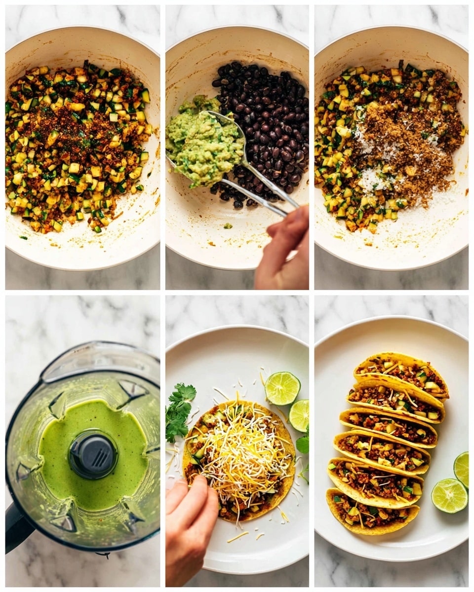 The image shows a cooking process in six parts, all over a white marbled surface. The first two parts show a white pan with cooked chopped zucchini and onions, golden brown and seasoned with spices, with the second part adding black beans being mashed with a metal masher in a woman's hand. The third and fourth parts show ingredients in a blender: avocado, garlic, cilantro, and a liquid being blended into a smooth green sauce. The fifth part shows an open tortilla on a white plate, topped with the cooked bean and zucchini mix and shredded yellow and white cheese, while a woman's hand sprinkles cheese on top. The last part shows the folded tortillas, golden and slightly crispy, filled with the mix, arranged on a white plate with lime wedges on the side. Photo taken with an iphone --ar 4:5 --v 7